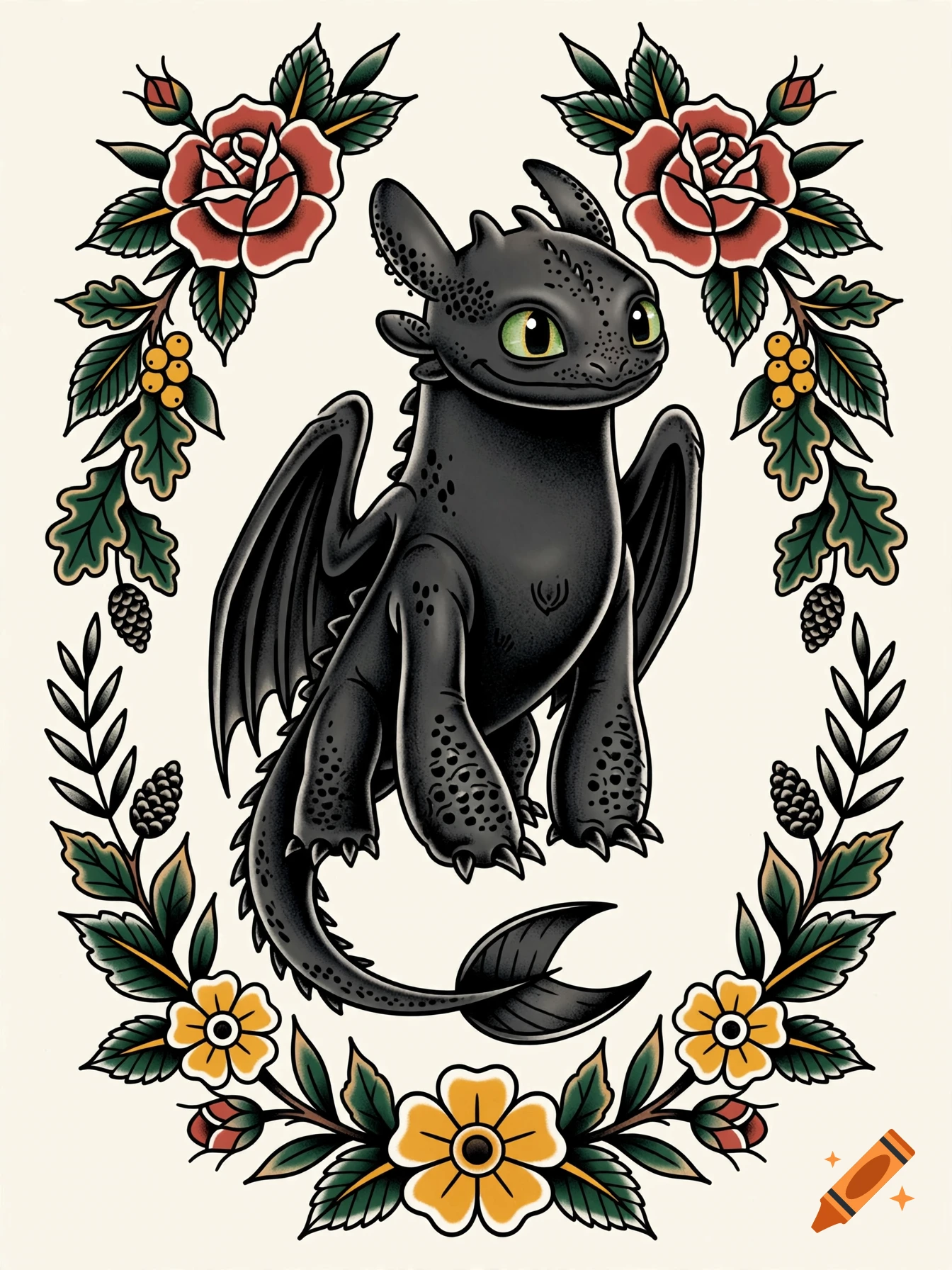 Toothless the dragon surrounded by a traditional tattoo style floral wreath, illustrated in American traditional style.