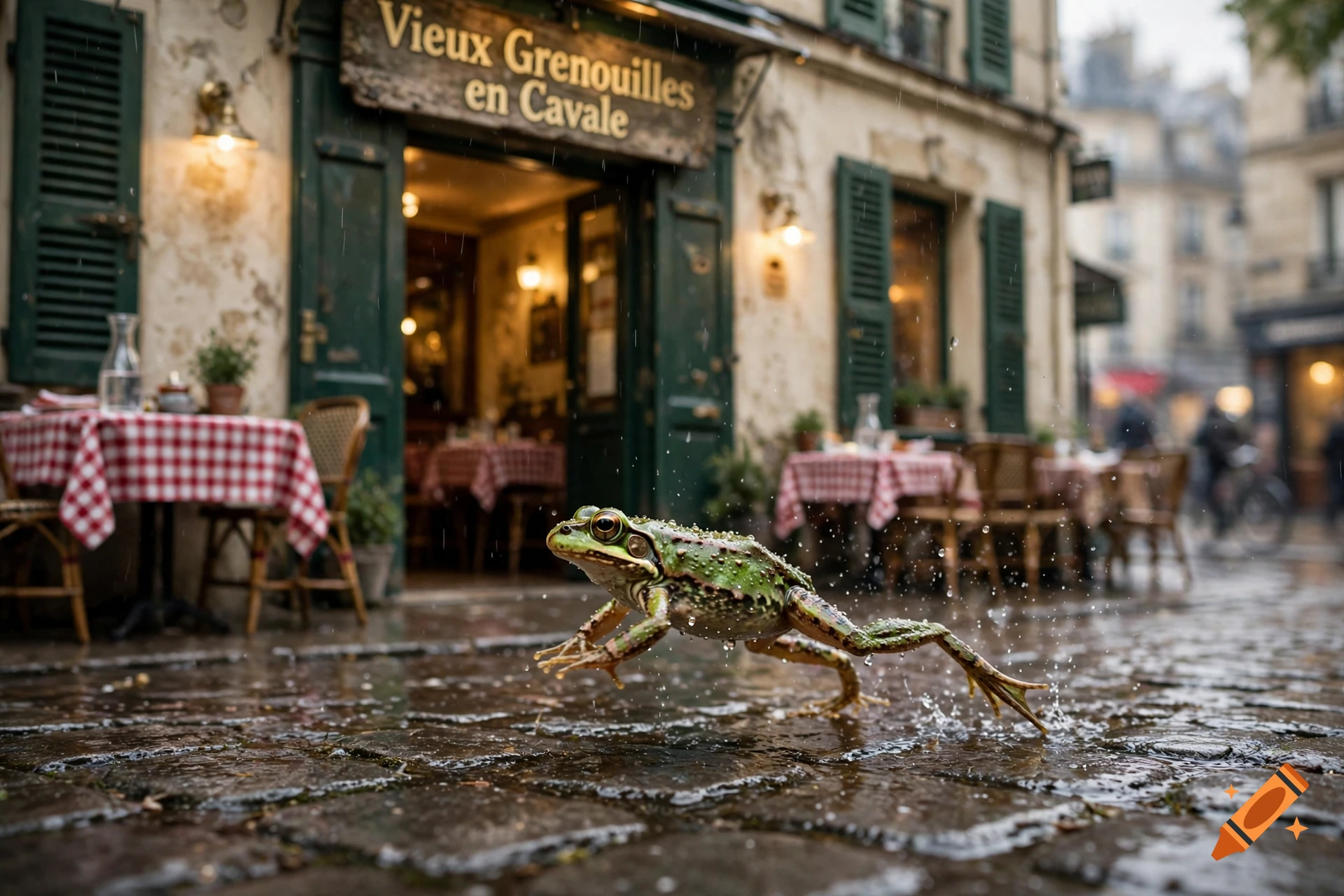 A frog running away on a wet cobblestone street in front of a French restaurant, photorealistic.
