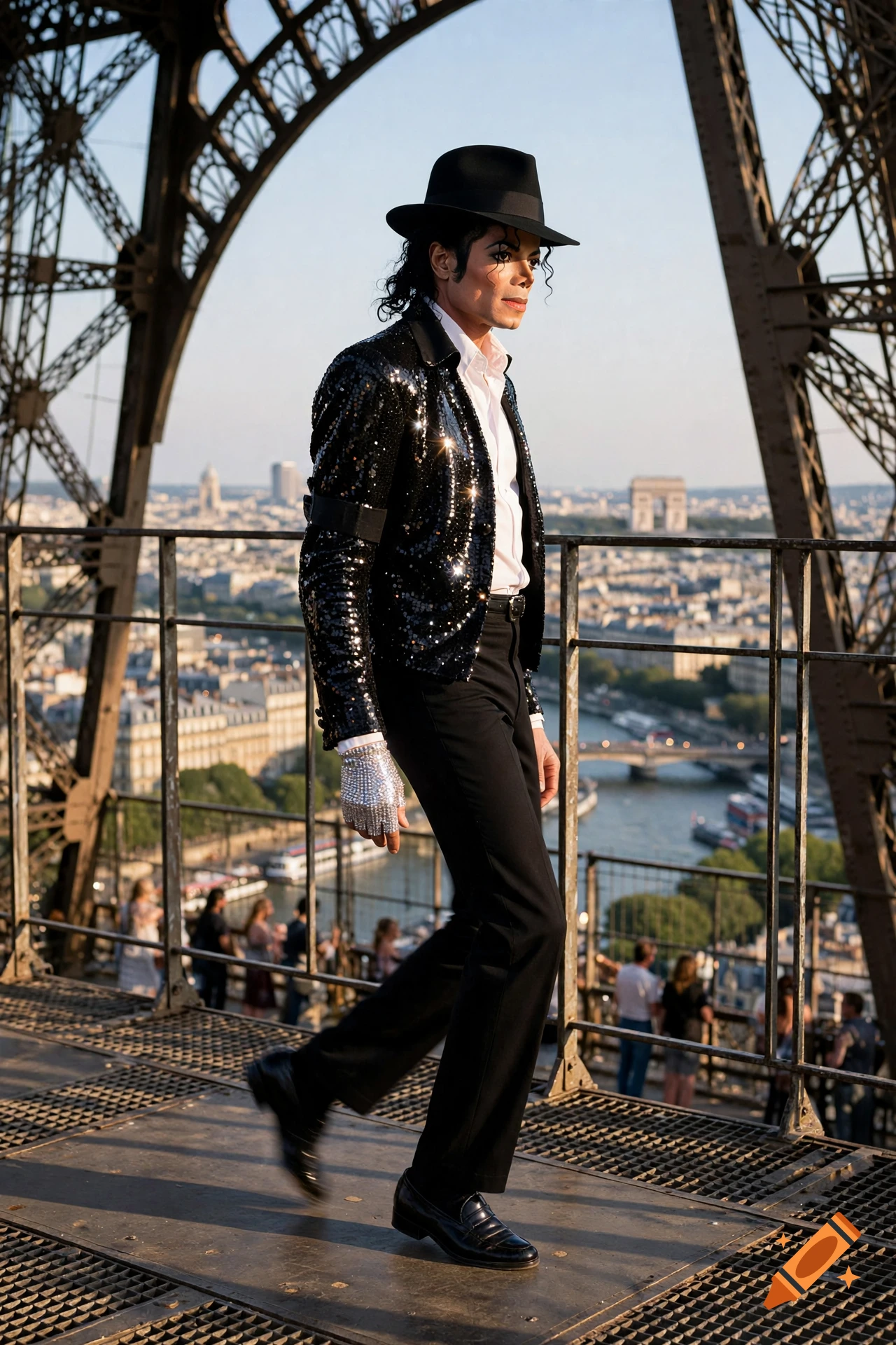 Photorealistic image of Michael Jackson moonwalking on the Eiffel Tower in Paris during sunset.
