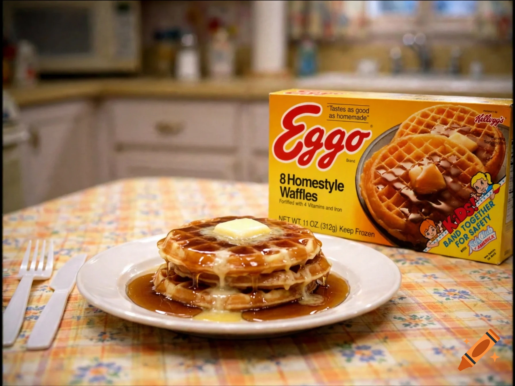 A plate of homestyle waffles with butter and syrup on a table next to an Eggo box in a kitchen.