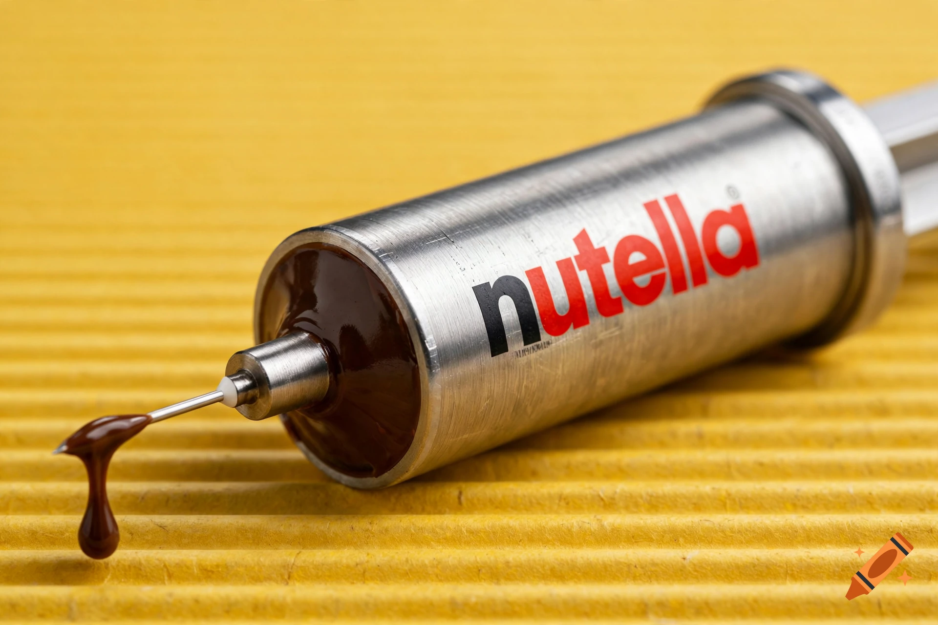 Close-up photorealistic image of a metal syringe filled with Nutella, with a drop of chocolate cream on the needle, resting on yellow corrugated cardboard.