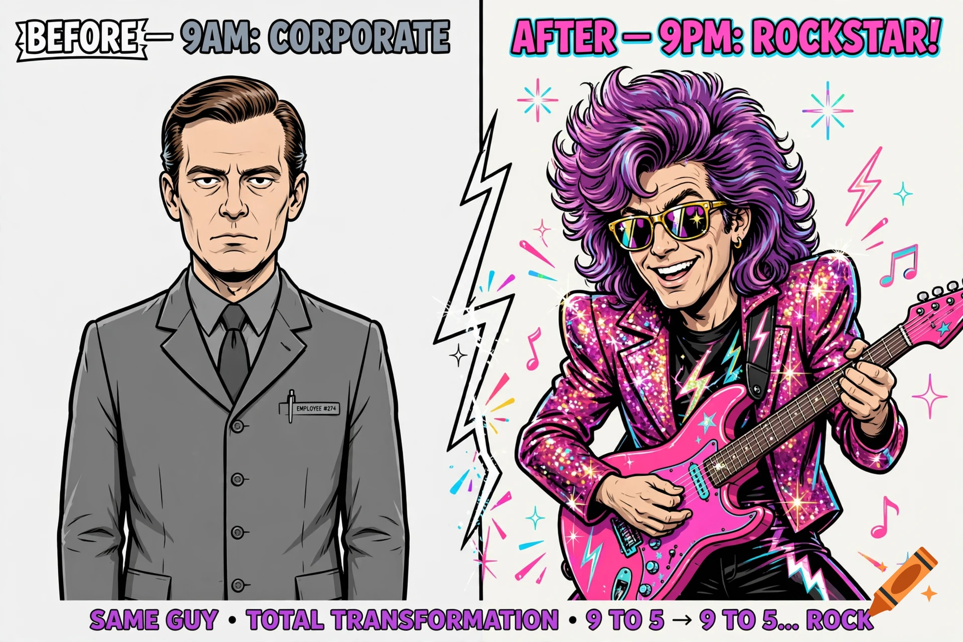 Split-panel cartoon illustration comparing a serious corporate office worker to a vibrant 80s rock star.