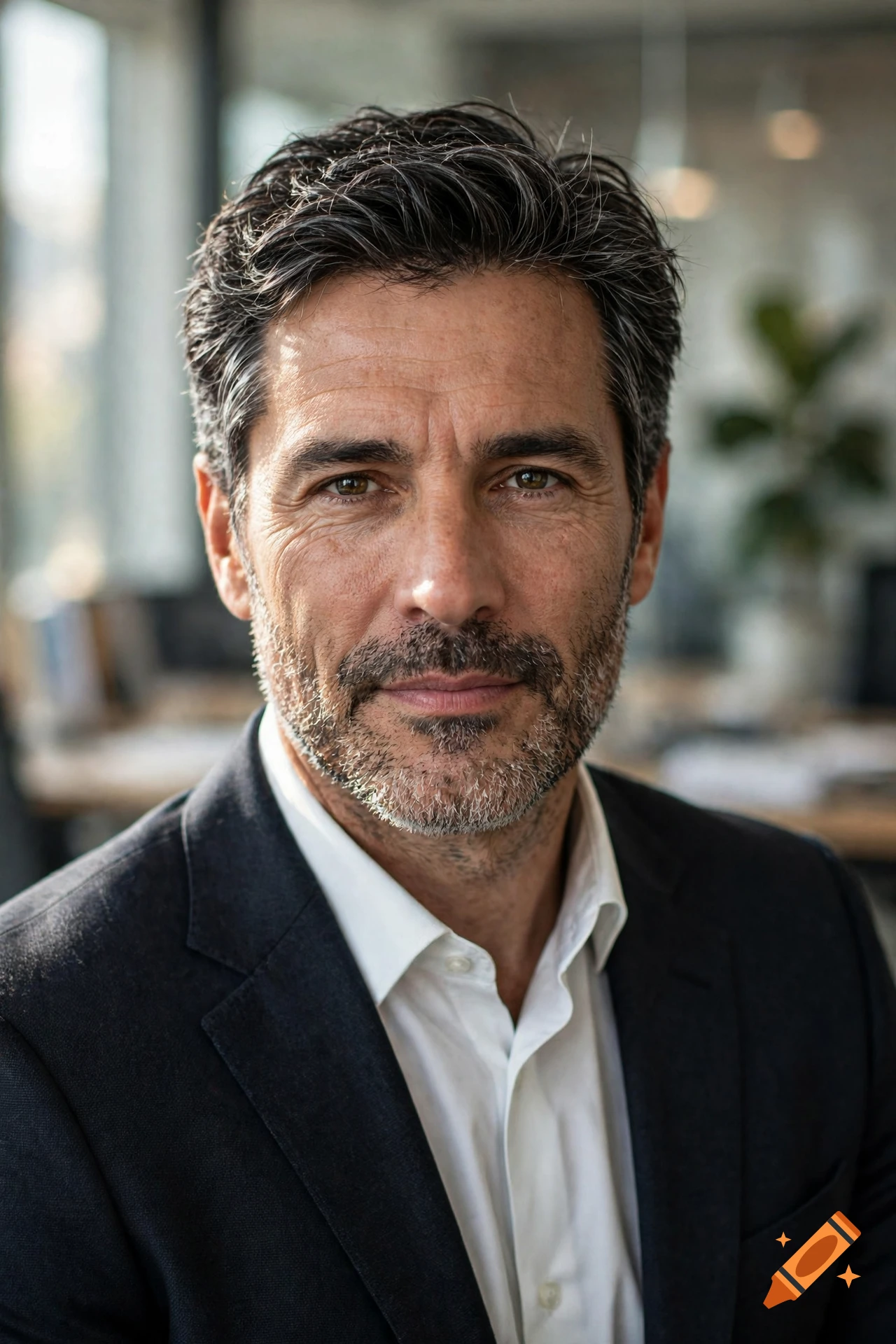Close-up photorealistic portrait of a middle-aged man with dark graying hair, a short beard, and wearing a suit and white shirt.