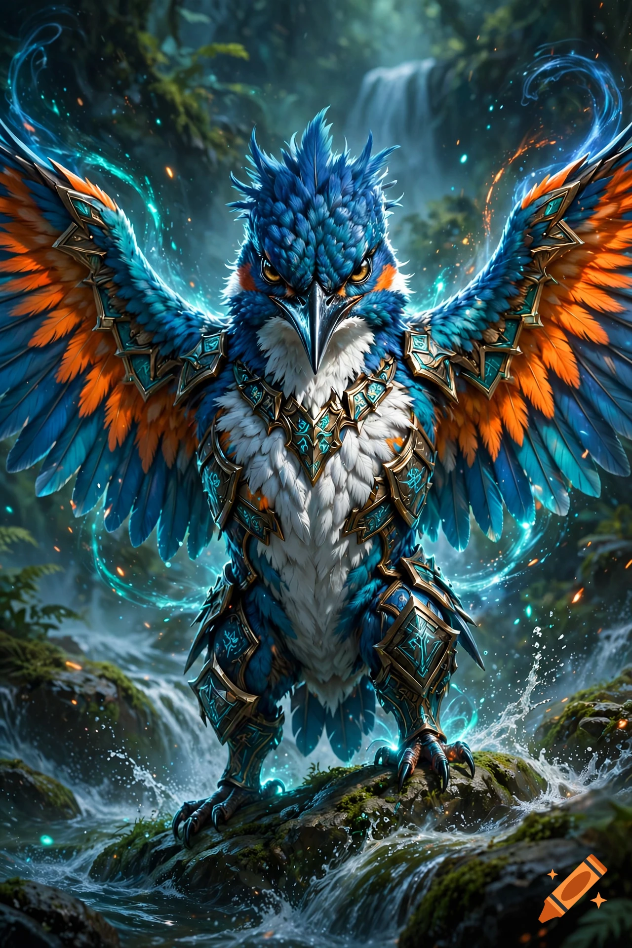 A fantasy blue and orange armored bird creature standing on a rock amid a rushing river with a waterfall in the background.