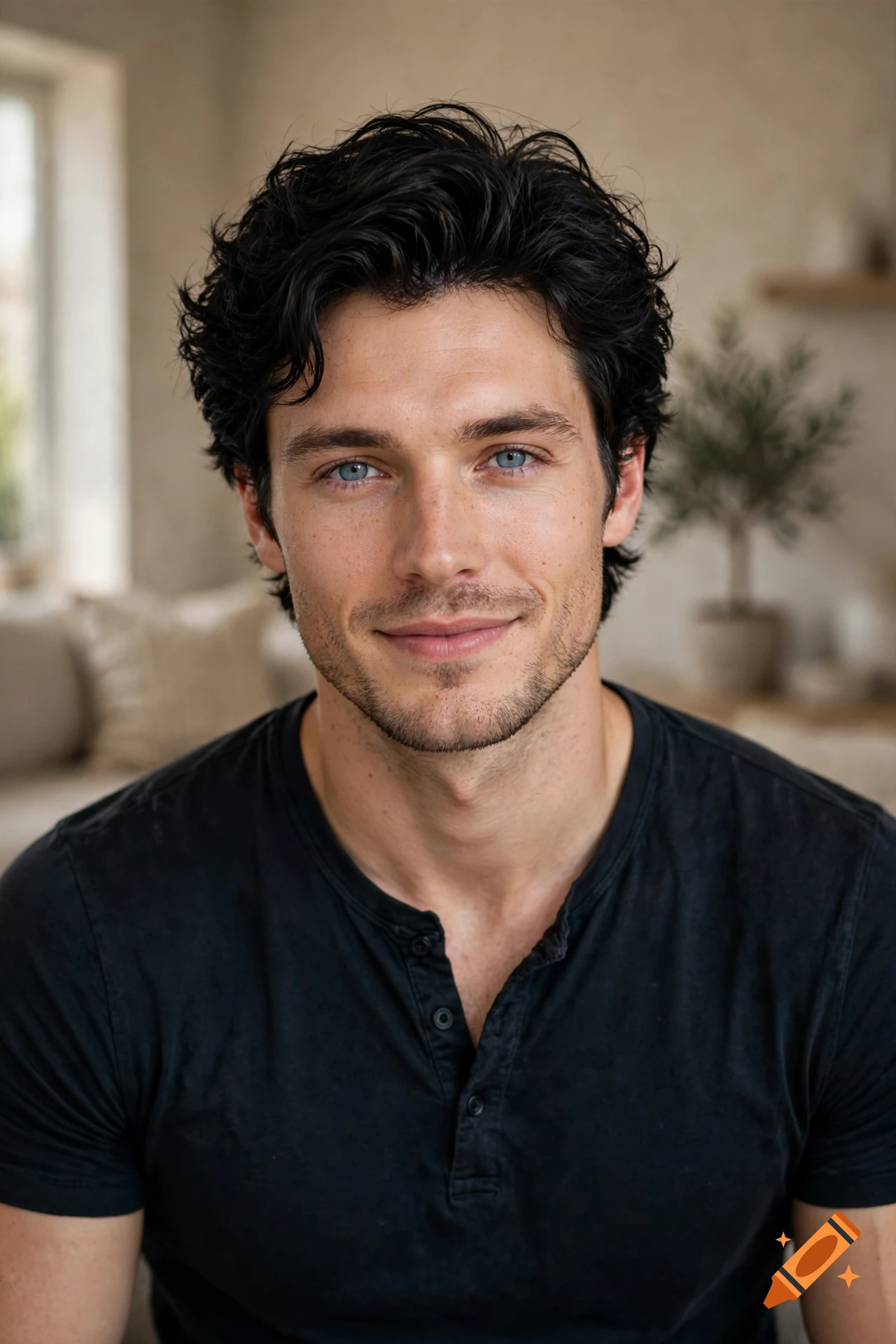 Photorealistic portrait of a young man with dark wavy hair and bright blue eyes, smiling gently, wearing a black henley shirt indoors.