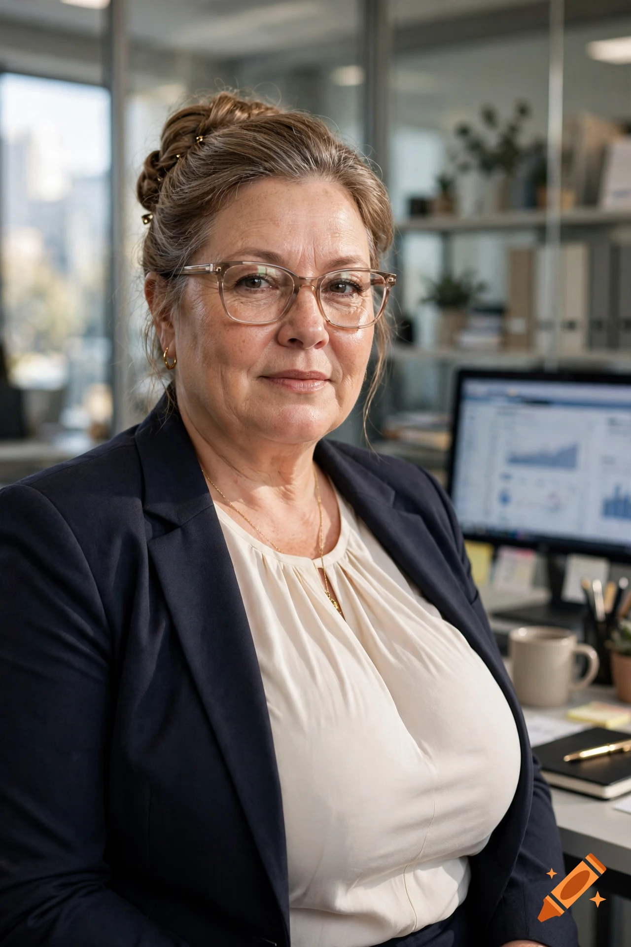 Photorealistic portrait of a middle-aged woman with glasses and updo hairstyle in an office setting.