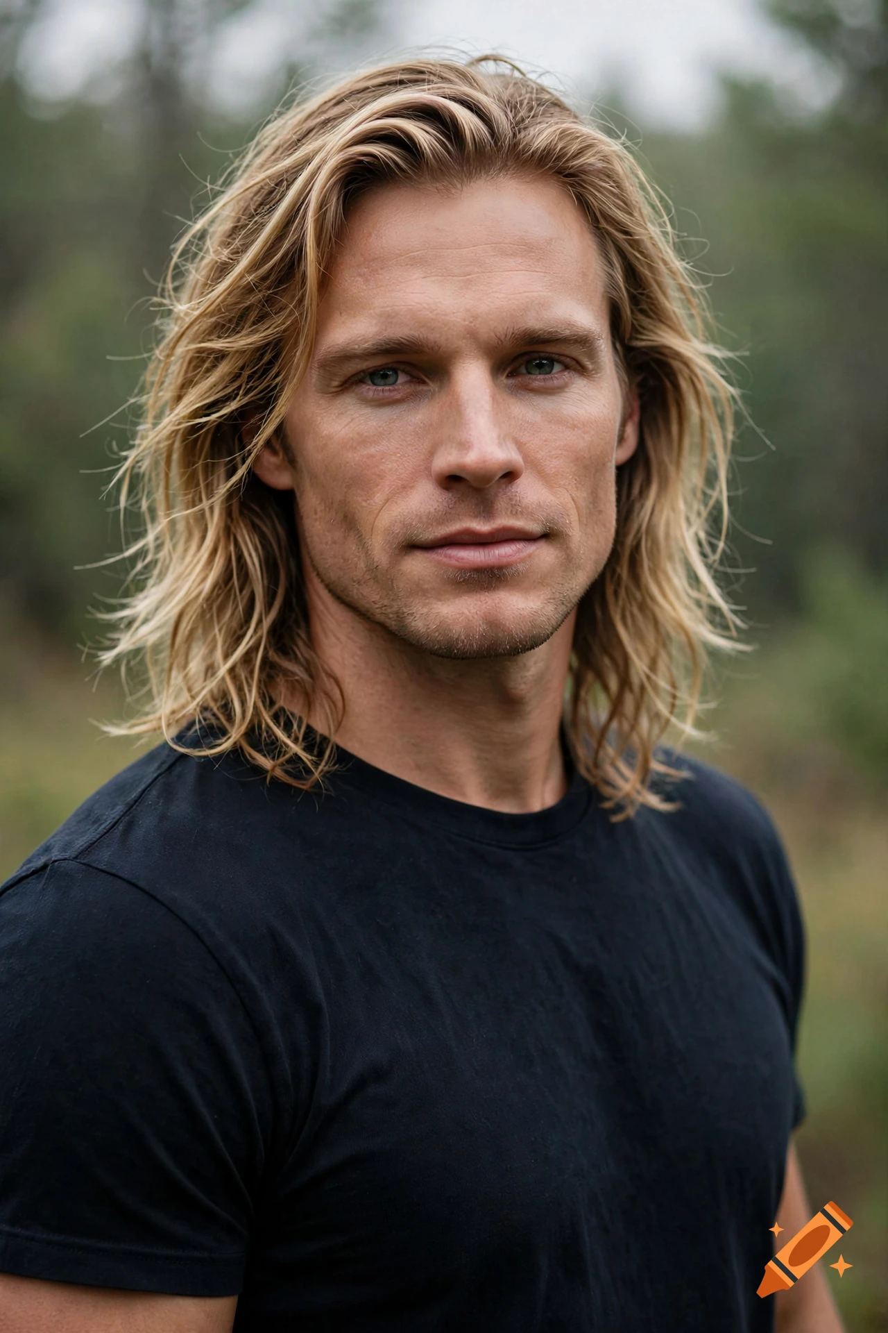 Photorealistic portrait of a handsome man with long blond hair and broad shoulders wearing a black t-shirt outdoors.