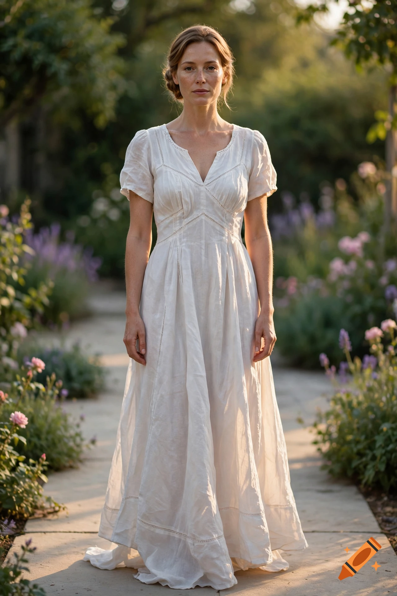 Photorealistic full-length portrait of a woman in a white vintage dress standing in a garden path.