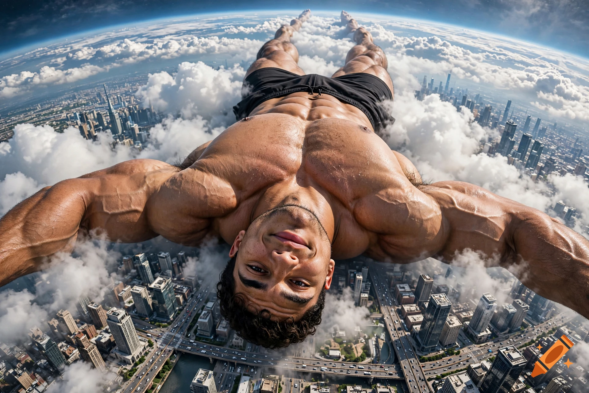 Photorealistic image of a giant muscular titan lying in the clouds, looking down with a smirk over a modern city skyline.