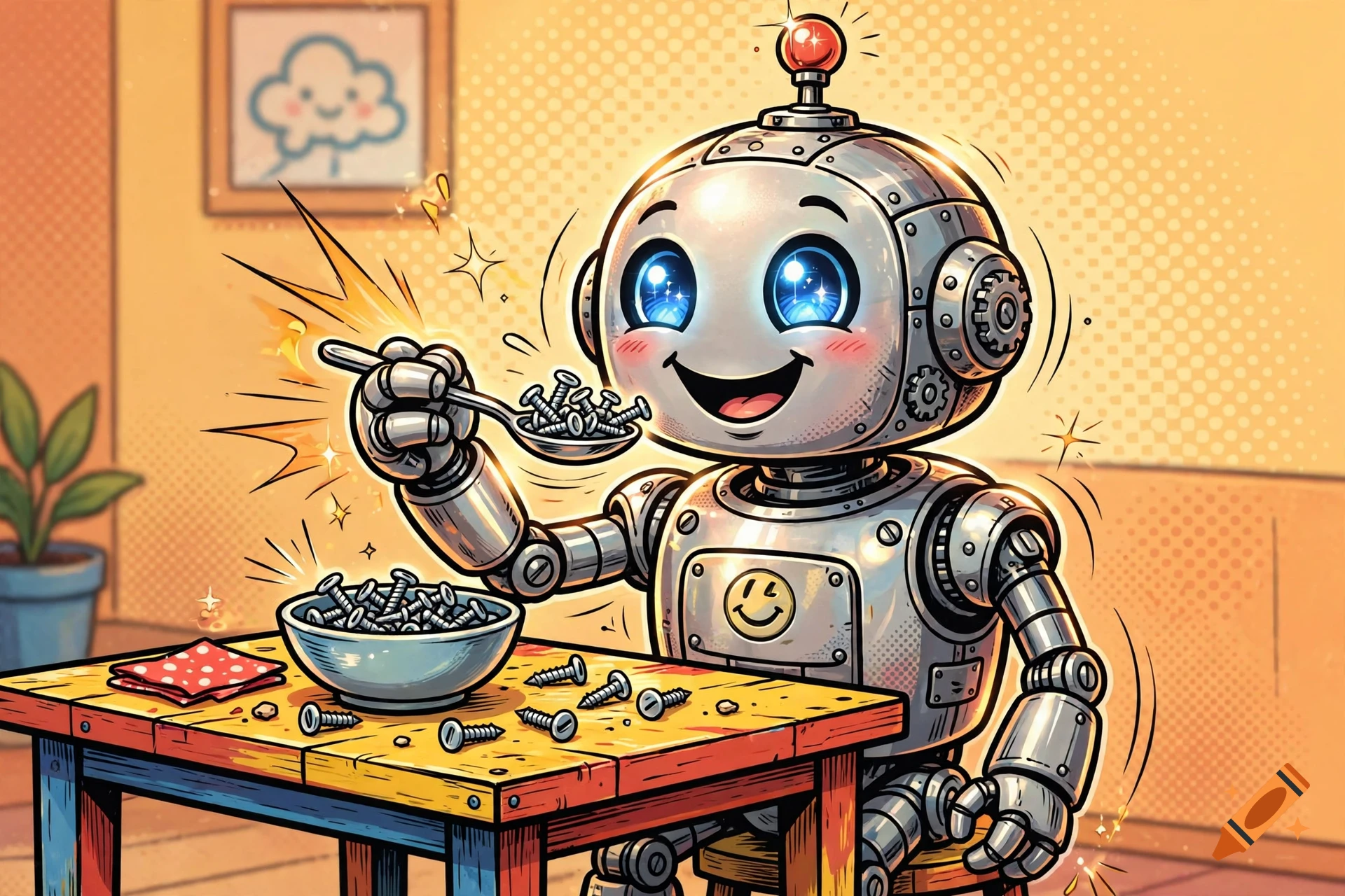 Comic style illustration of a friendly robot eating screws with a spoon from a bowl at a table.