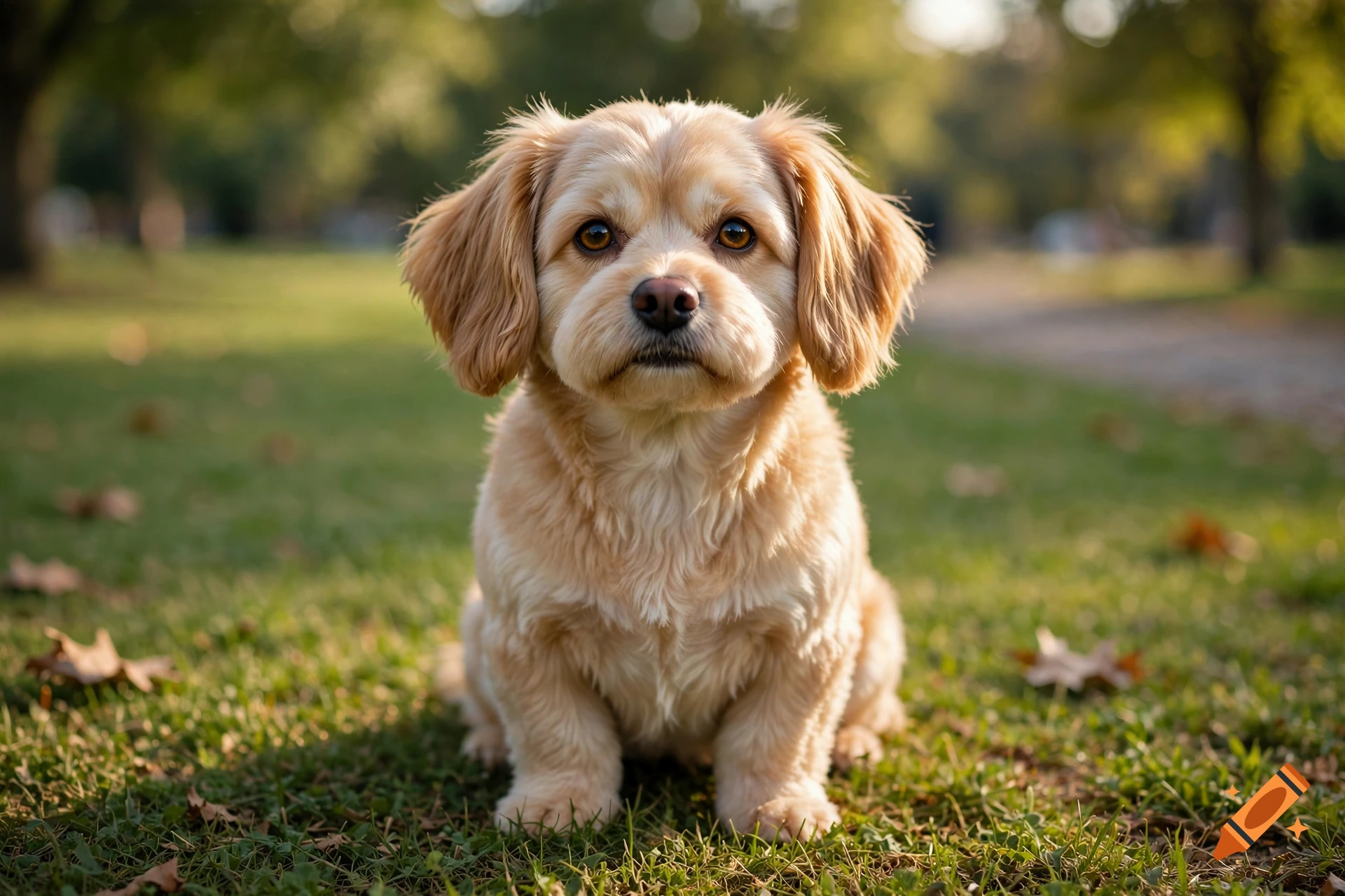 Photorealistic image of a cute, fluffy light brown dog sitting in a grassy park.