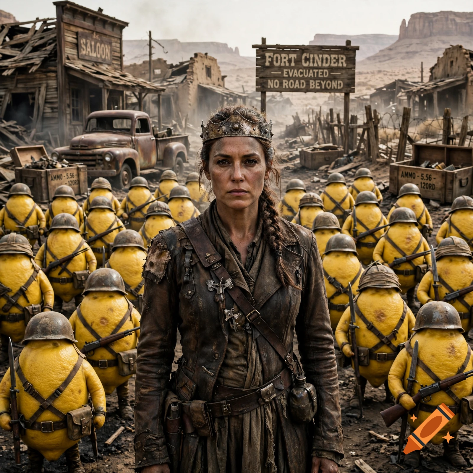 A queen with a crown stands in a post-apocalyptic western town leading an army of lemon-like soldiers in helmets, photorealistic.