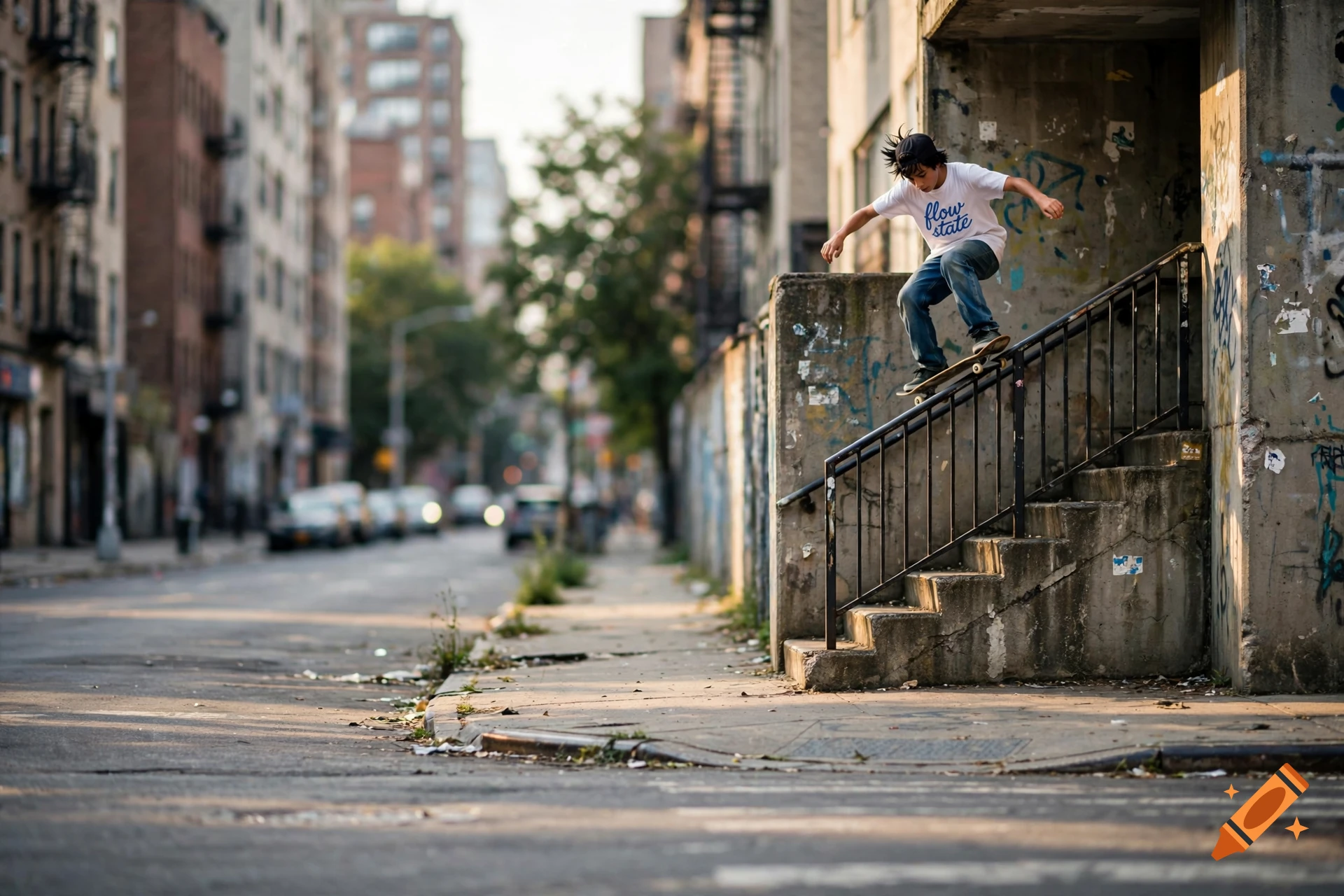Photorealistic image of a teenage boy grinding on a concrete stair handrail with a skateboard in an urban city street.