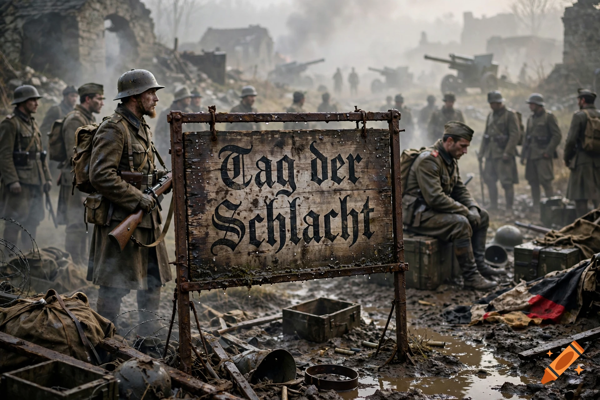 Photorealistic scene of World War soldiers in a muddy, ruined battlefield with a prominent wooden sign reading 'Tag der Schlacht'.