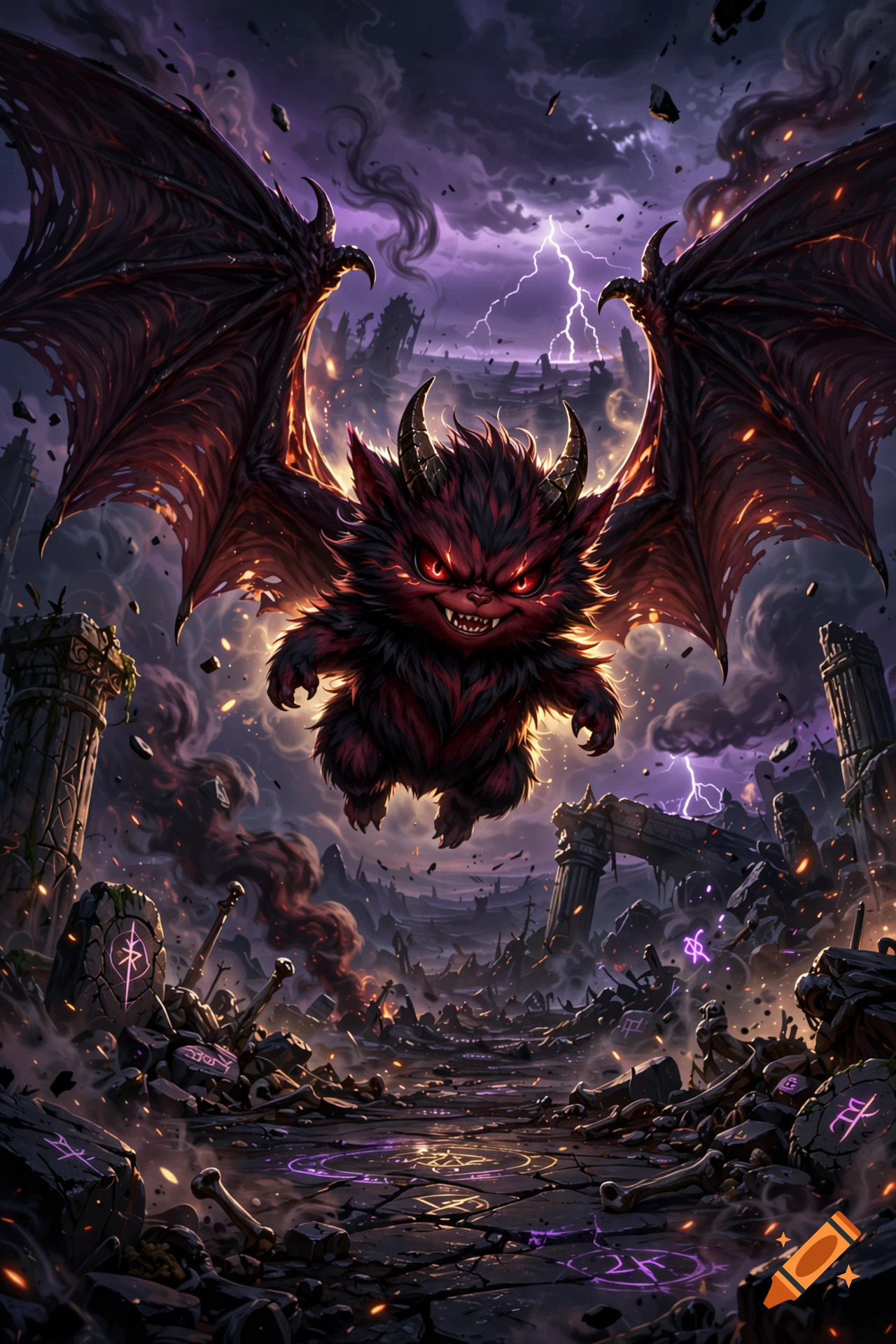 A red, furry demonic creature with bat wings flying over a ruined, rocky landscape under a stormy purple sky in a digital art style.