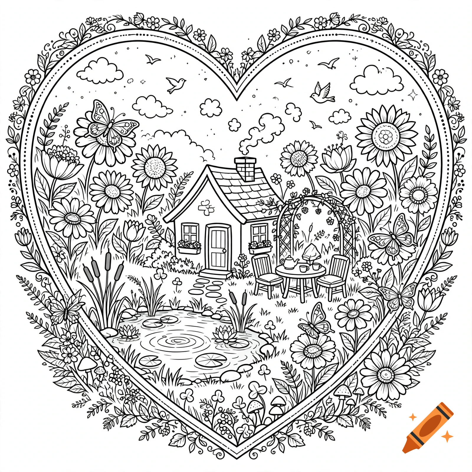 Heart-shaped coloring book page featuring a cottage, garden with flowers, butterflies, birds, and a pond, line art style.