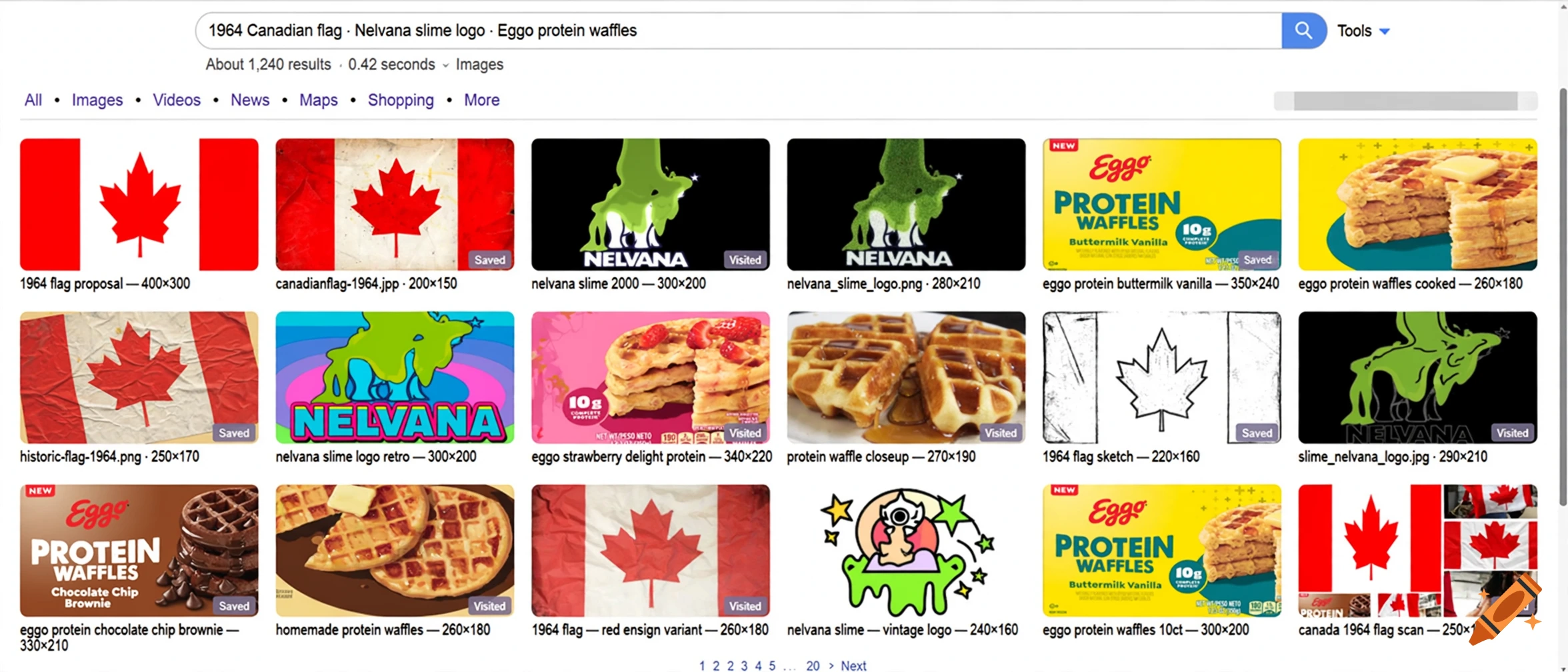 A screenshot of a Google Image search results page featuring the Canadian flag, Nelvana slime logos, and Eggo protein waffles.