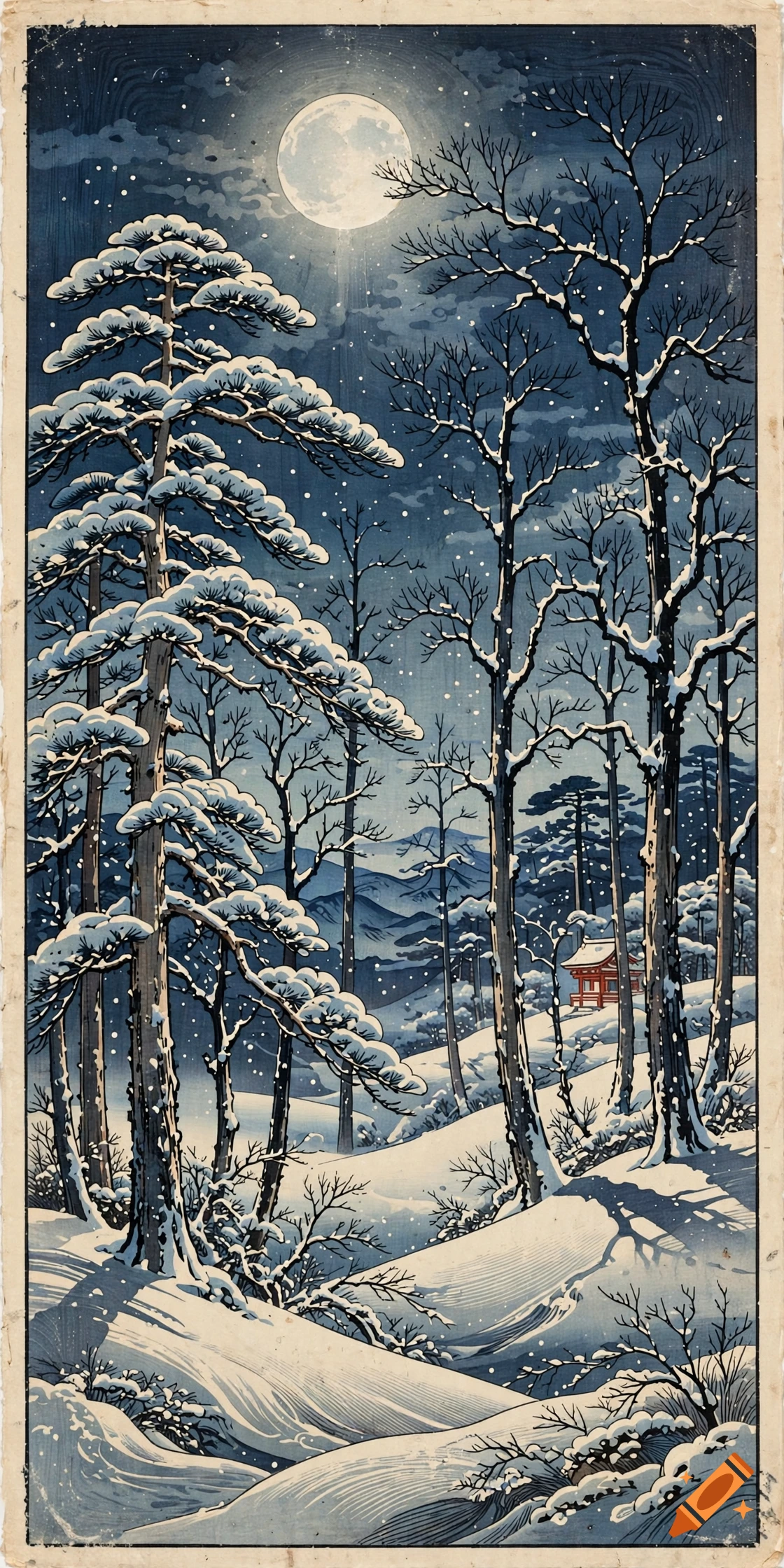 traditional Japanese woodcut style winter landscape with snowy pine trees, bare branches, a full moon, and a small shrine.