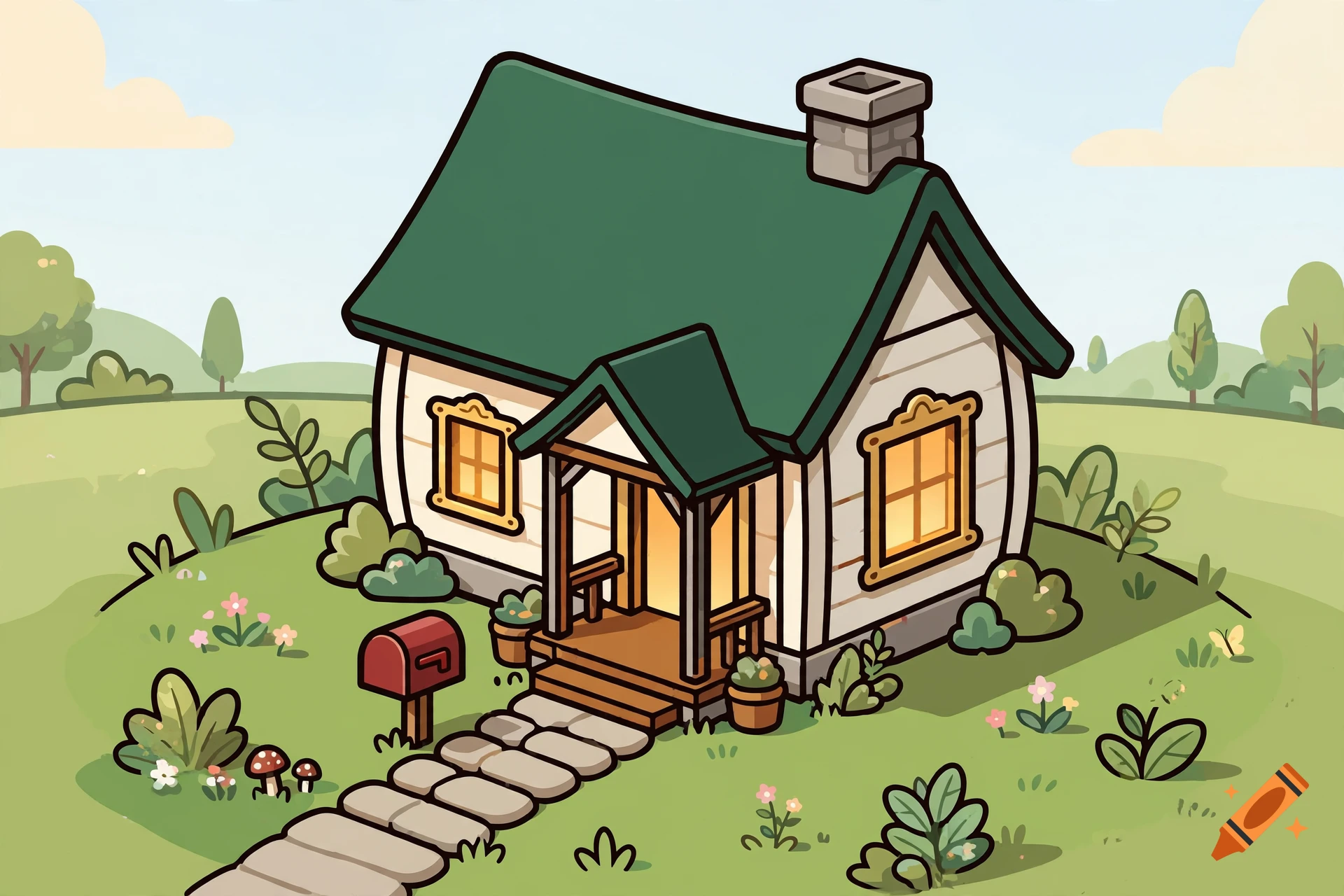 Isometric vector illustration of a cozy storybook cottage with a green roof, stone path, and mailbox.