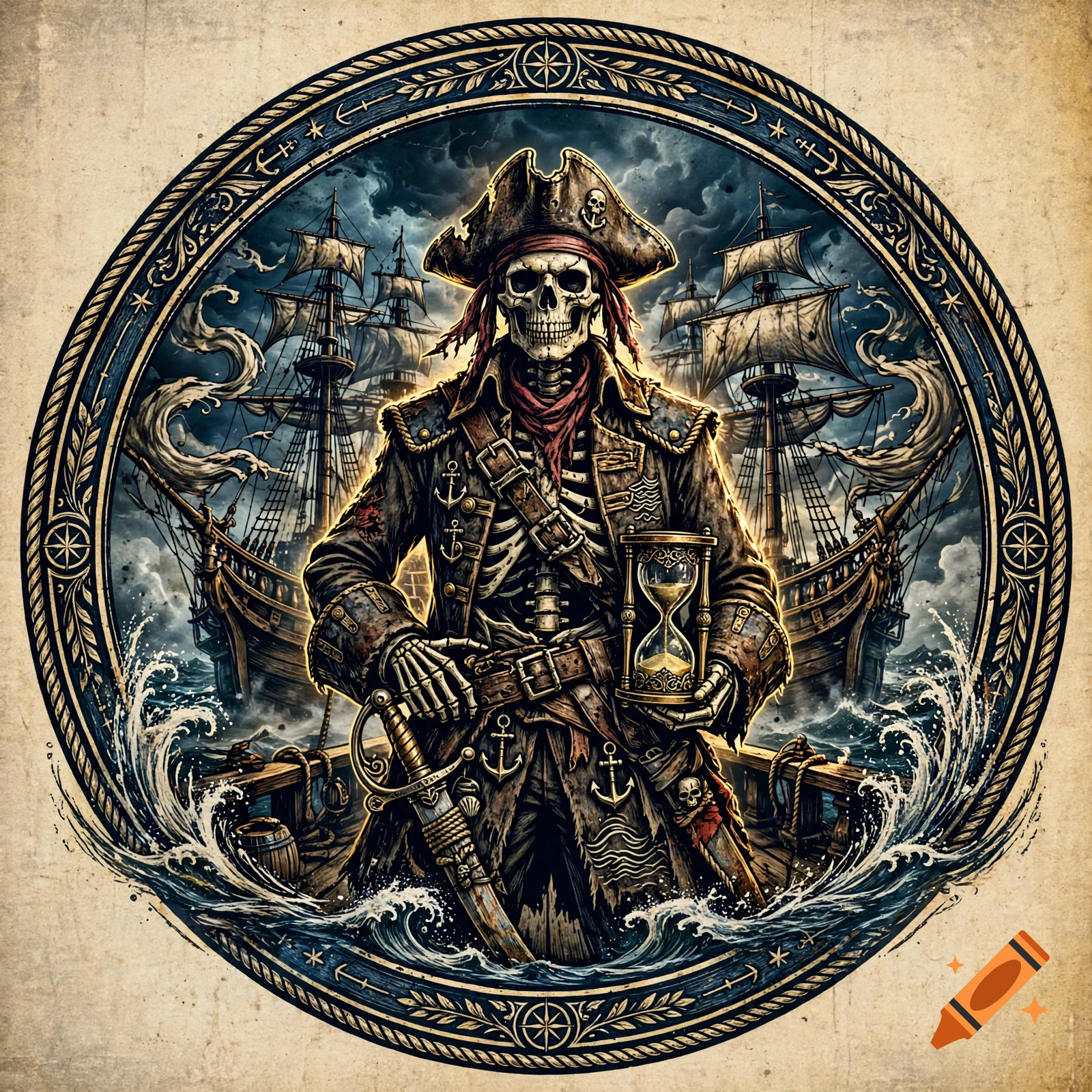 Round vintage art logo featuring a skeleton pirate captain holding an hourglass on a galleon deck, digital illustration.