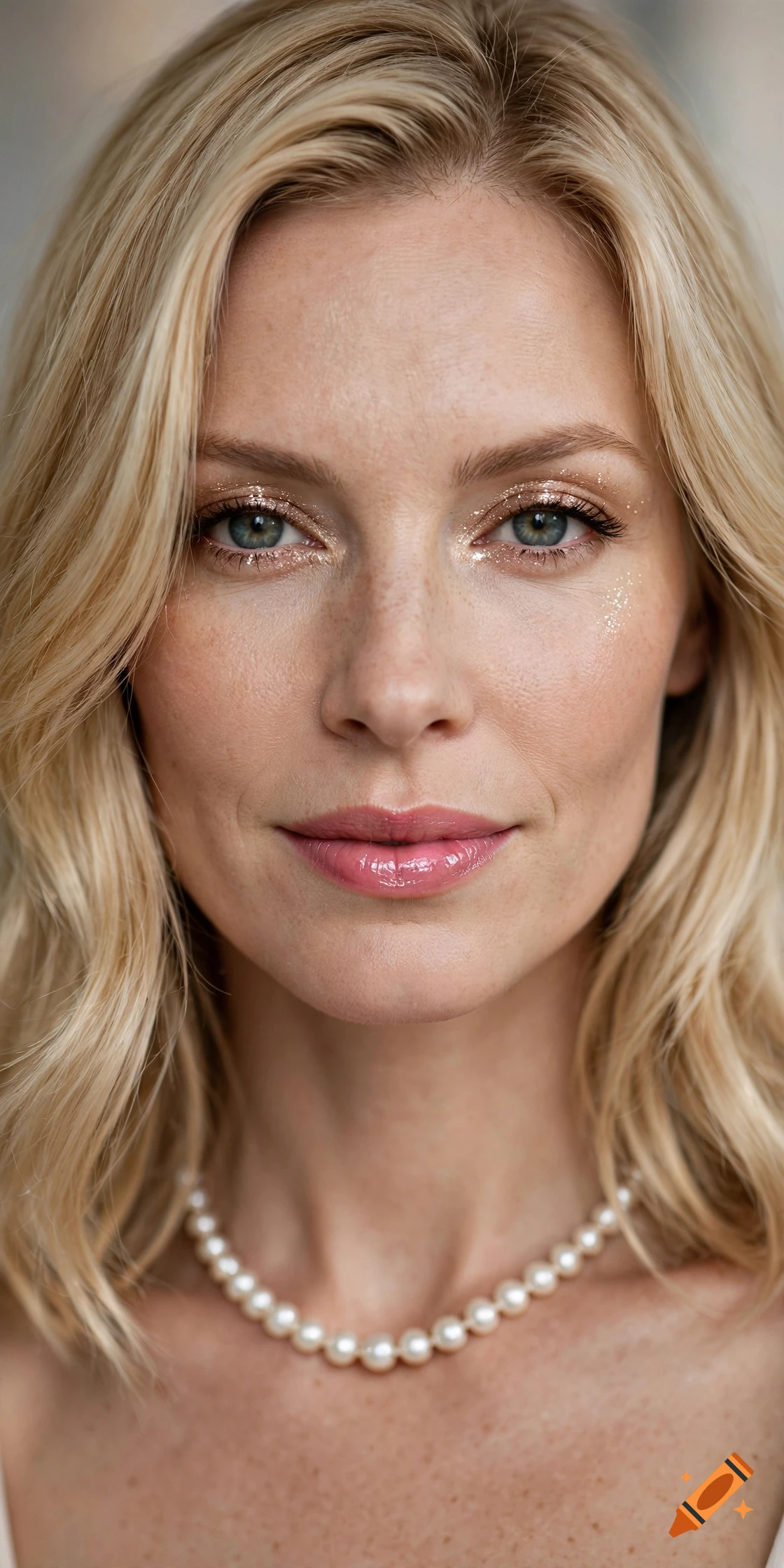 Close-up portrait of a blonde woman wearing a pearl necklace with subtle glitter eye makeup.