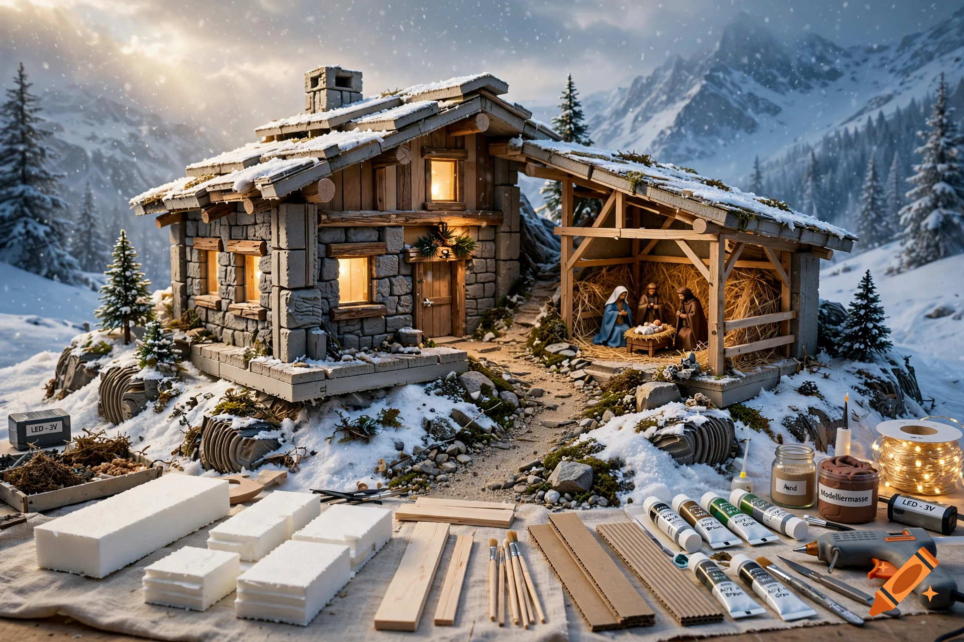 Detailed model of an alpine house and nativity scene made of styrofoam and natural materials, displayed on a workbench with crafting tools.