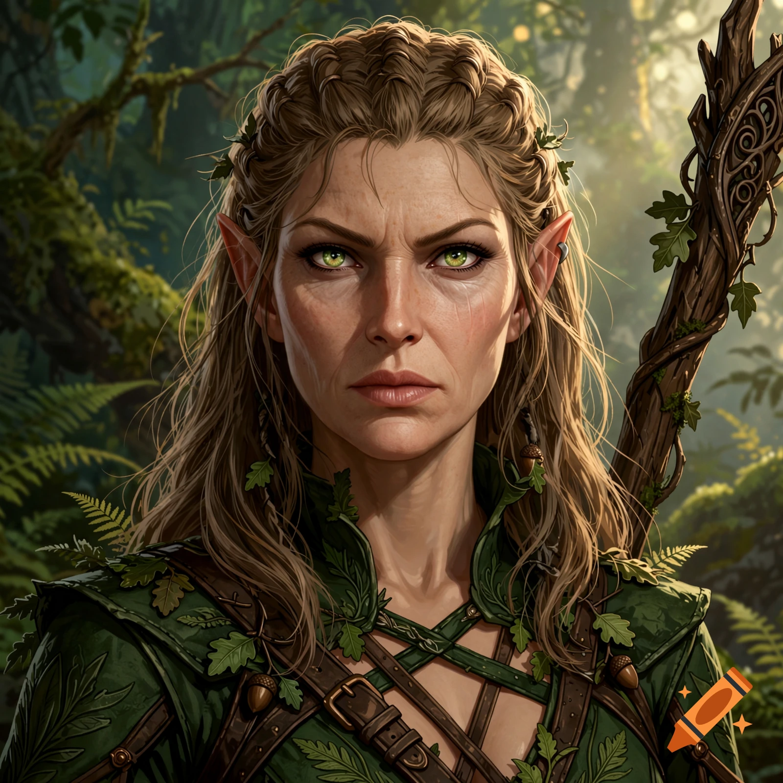 Close-up portrait of a female half-elf druid with green eyes, braided light brown hair, and green outfit in a forest.