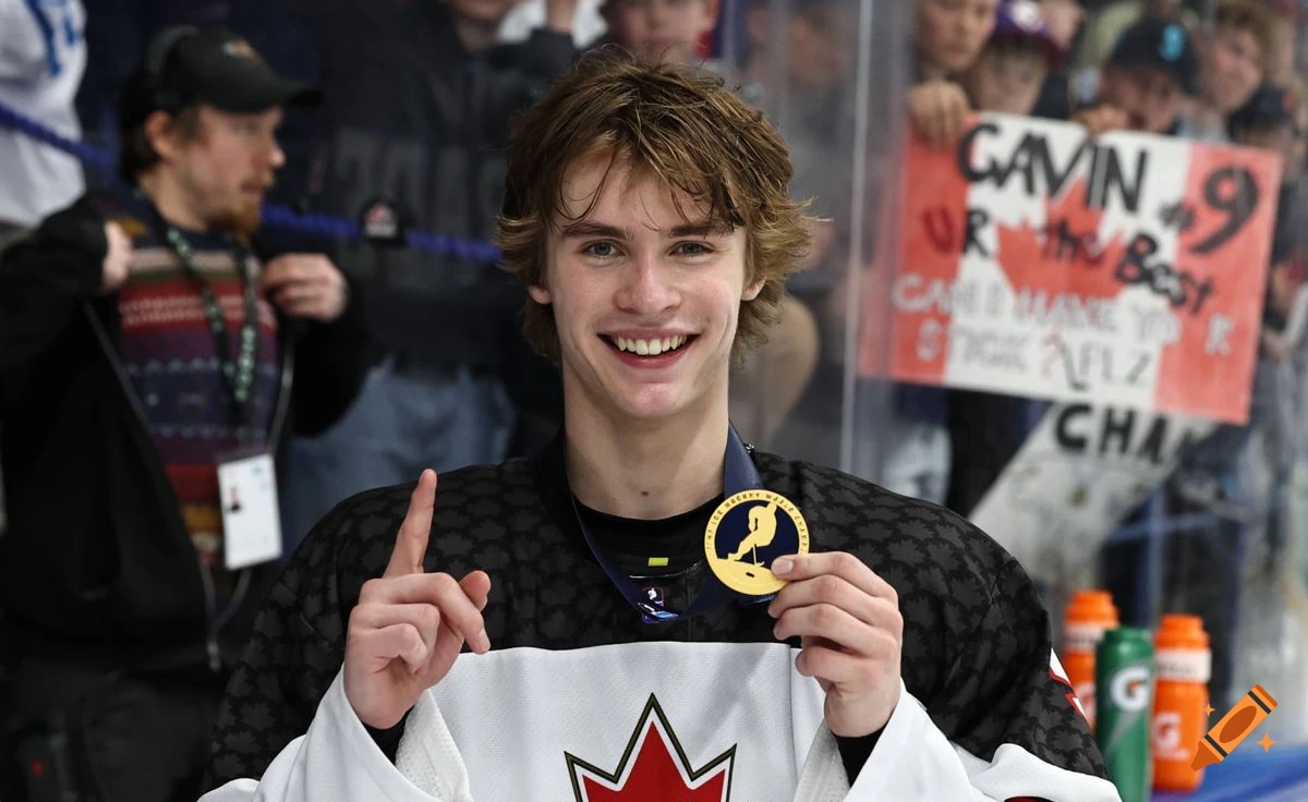 Close-up photorealistic portrait of a smiling young hockey player holding a gold medal, with a crowd and sign in the background.