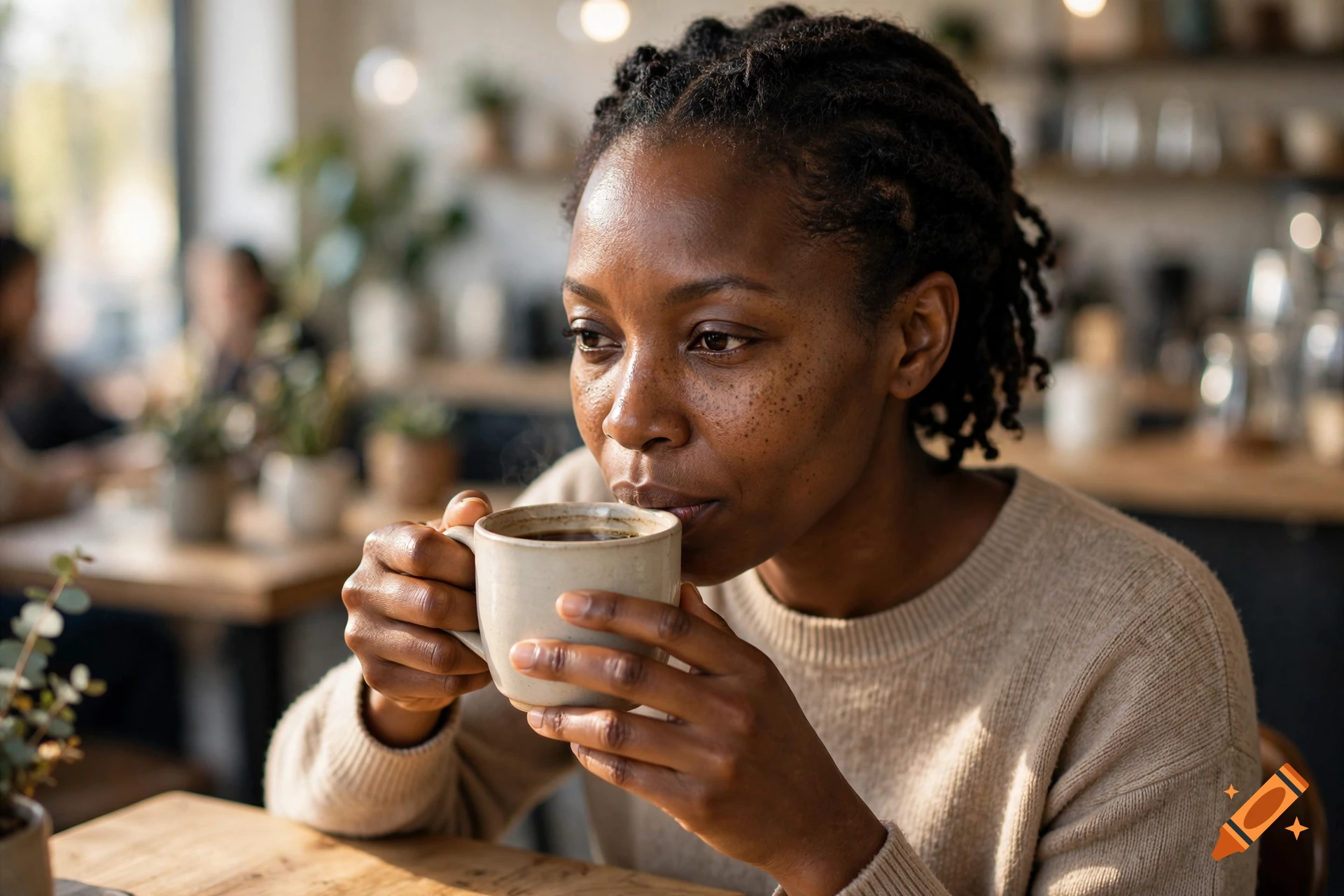 Photorealistic close-up of a Black woman with braided hair sitting in a cafe, holding and drinking from a ceramic mug.