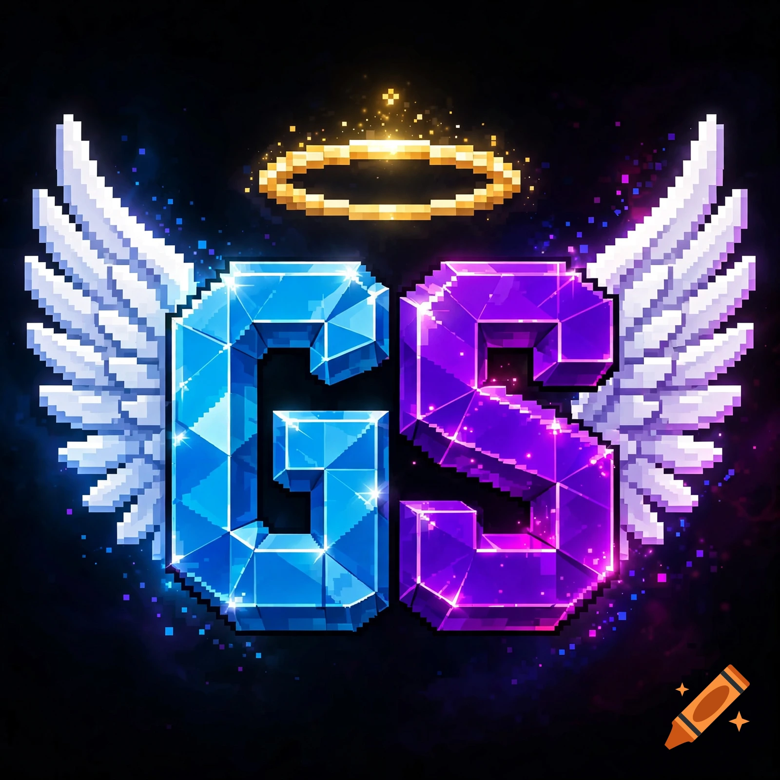 Pixel art letters GS in blue and purple with white angelic wings and a golden halo against a dark starry background.