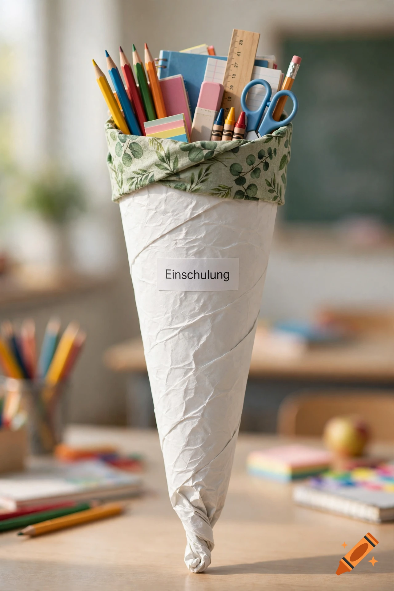 A white paper school cone (Schultüte) filled with school supplies and stationery, with the German word 'Einschulung' written on it, set in a classroom.