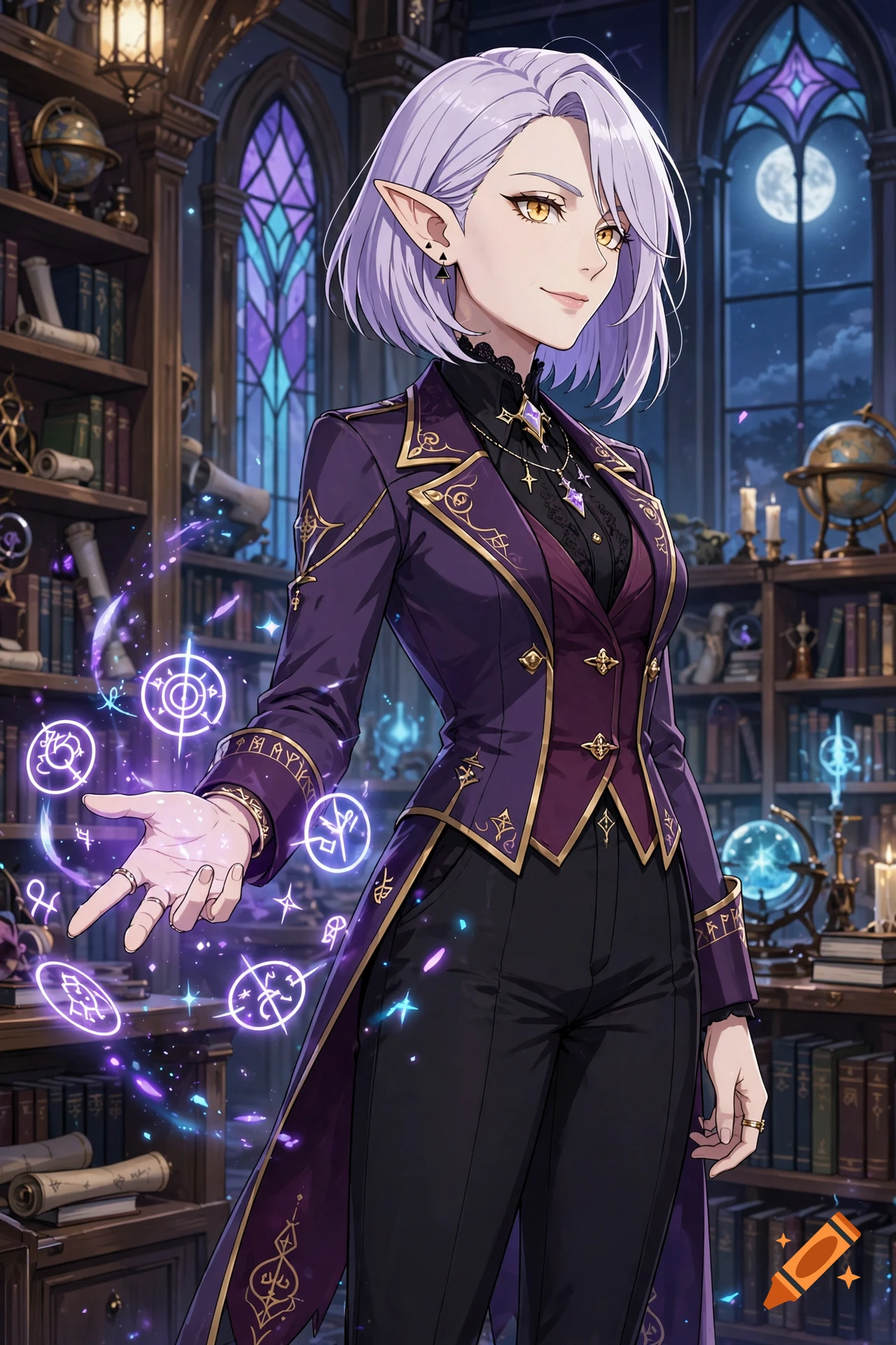 Anime style illustration of an adult elf woman with short purple hair and a matching suit casting magic in a library.
