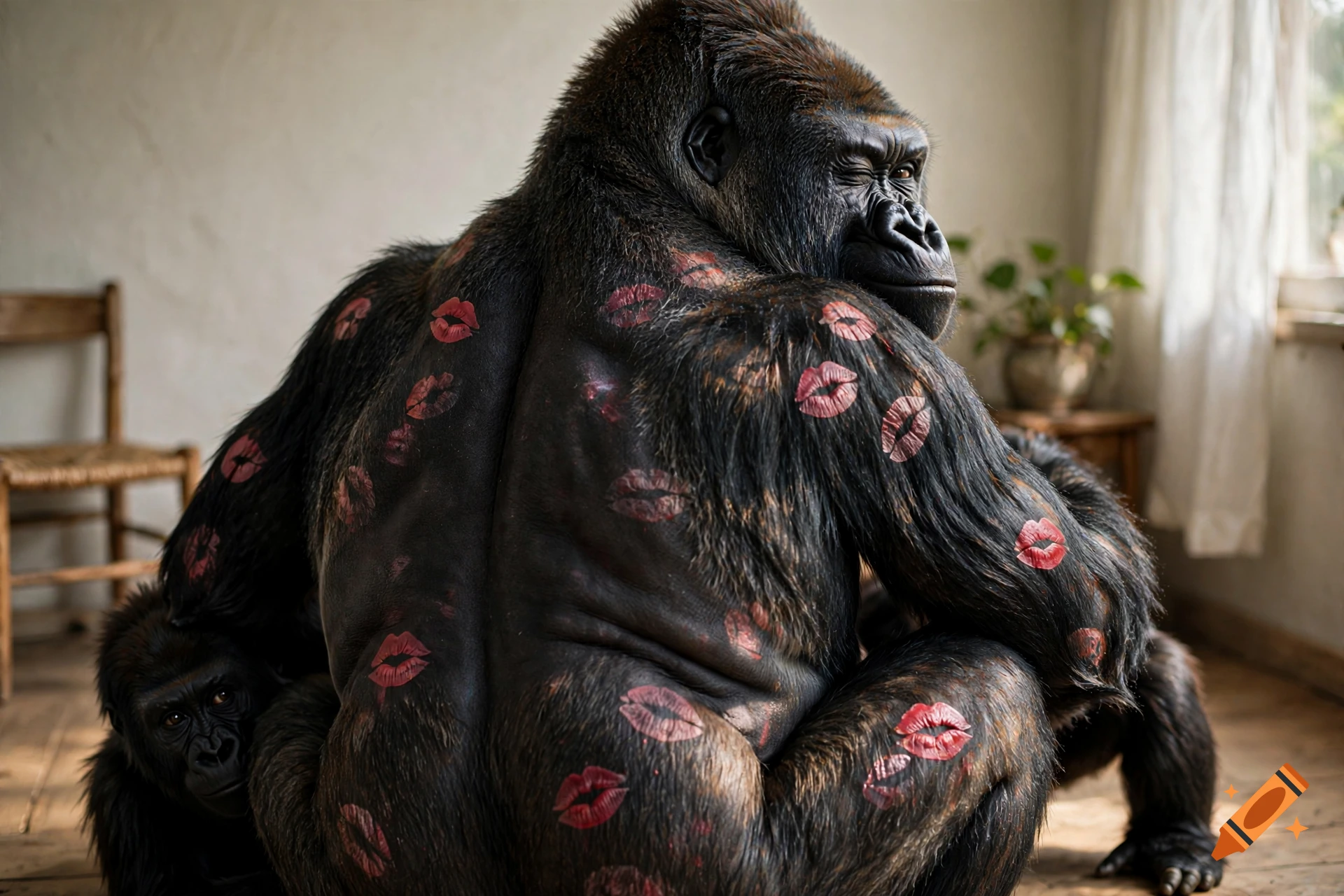 Photorealistic image of a gorilla covered in red kiss mark stamps in a room, looking back and winking.