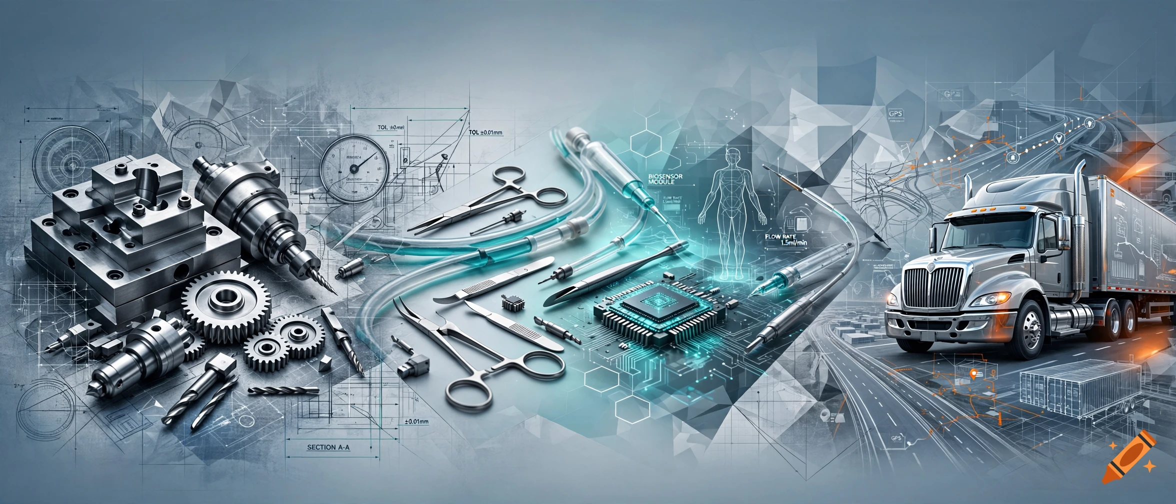 Collage of industrial tool and die, medical devices, circuit boards, and a semi-truck on a highway blueprint background.