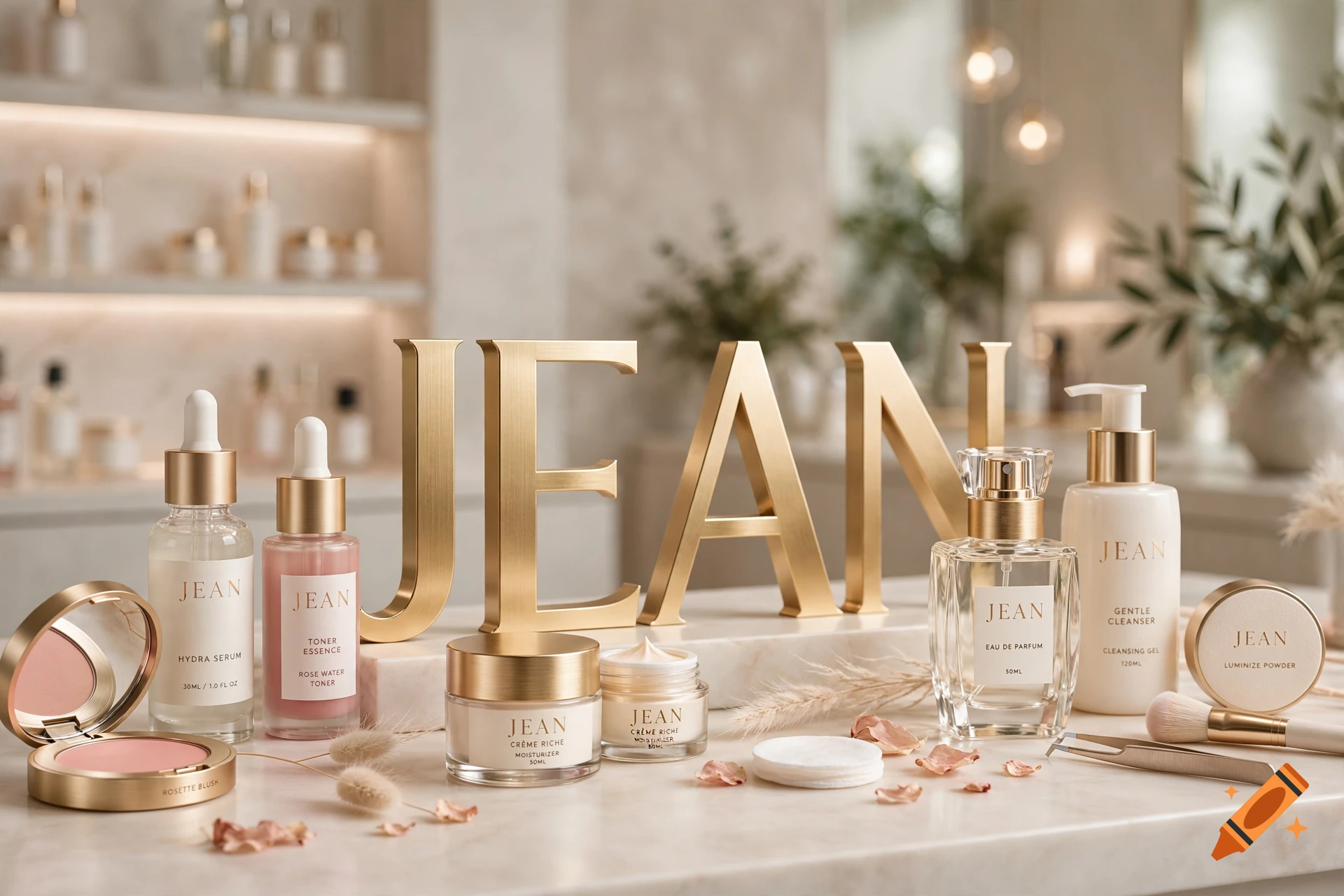 Photorealistic product photography of cosmetic items and gold letters spelling JEAN on a marble surface in a bright luxury bathroom.