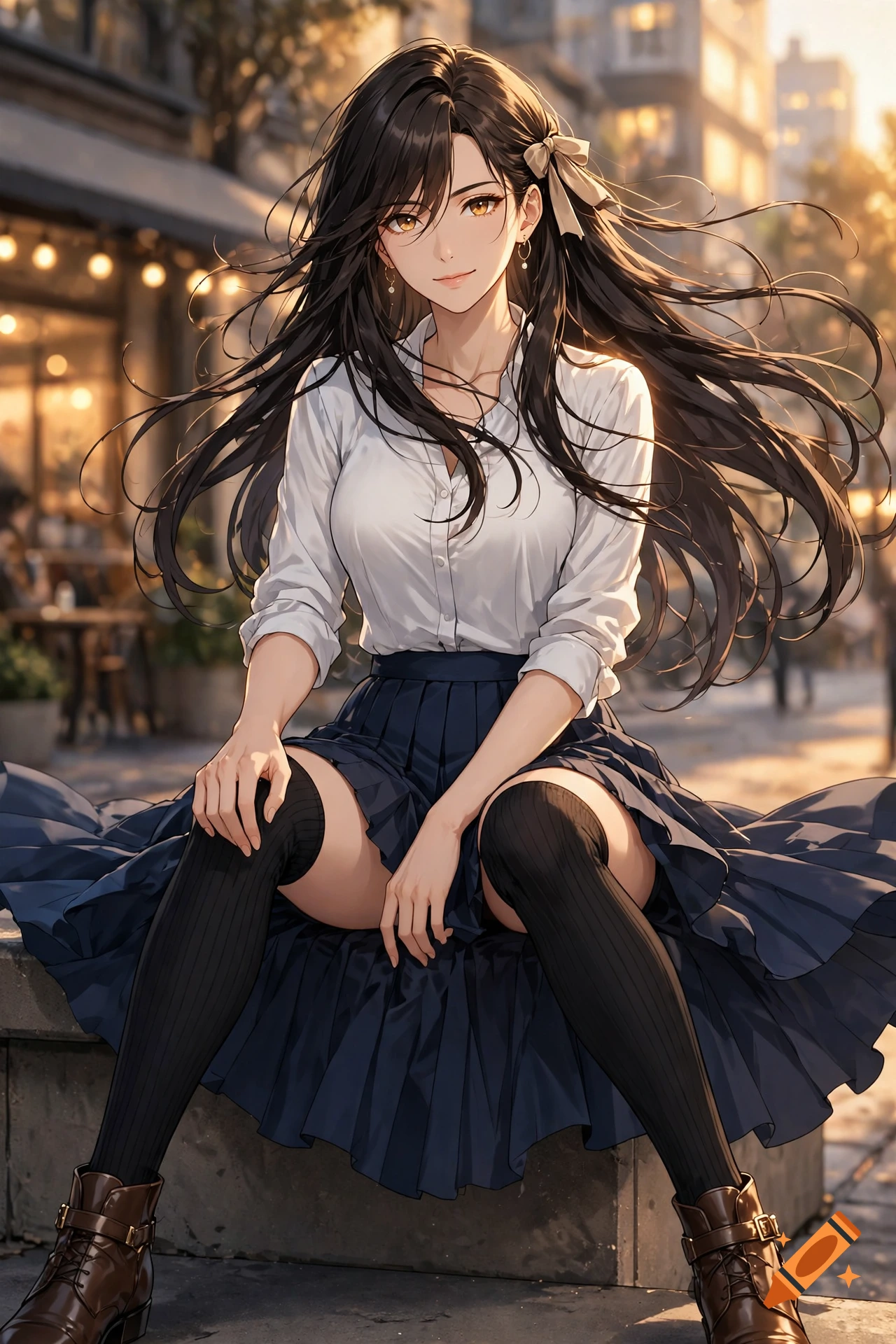 Anime style illustration of a long-haired dark-haired woman in a white shirt and skirt sitting outdoors.