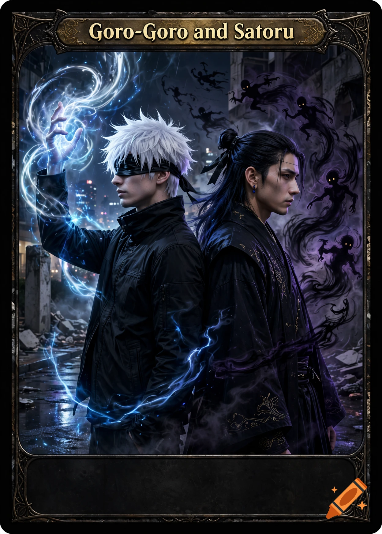 Digital art of Satoru Gojo and Suguru Geto standing back to back with magical energy and spirits in a dark urban setting, framed as a card.