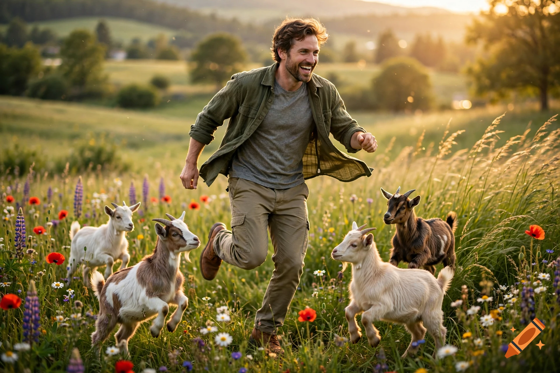 A joyful man skipping through a vibrant wildflower field surrounded by playful baby goats during sunset, photorealistic.