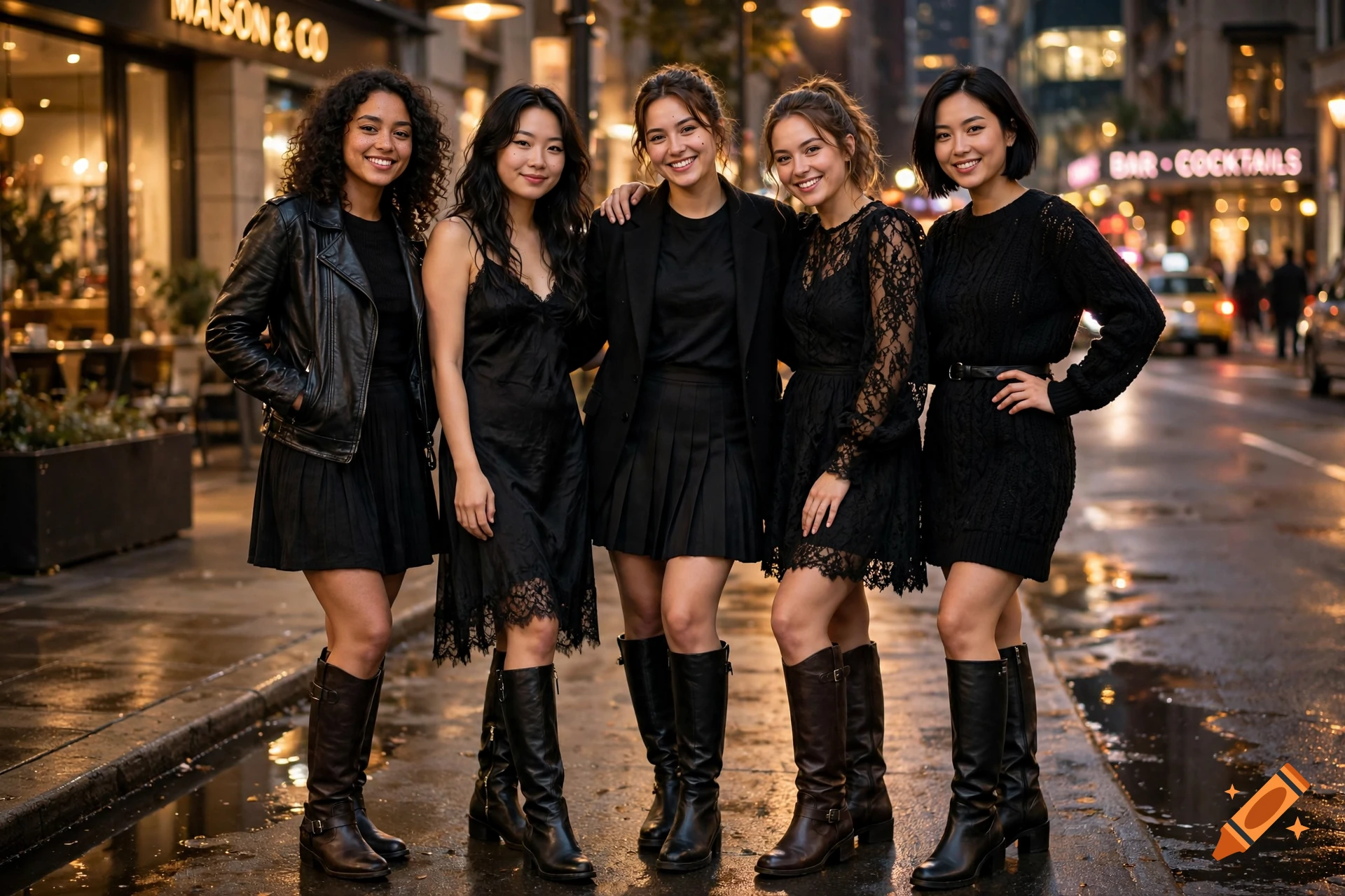 Photorealistic image of five young women in black outfits and knee-high boots standing on a wet city street at night.