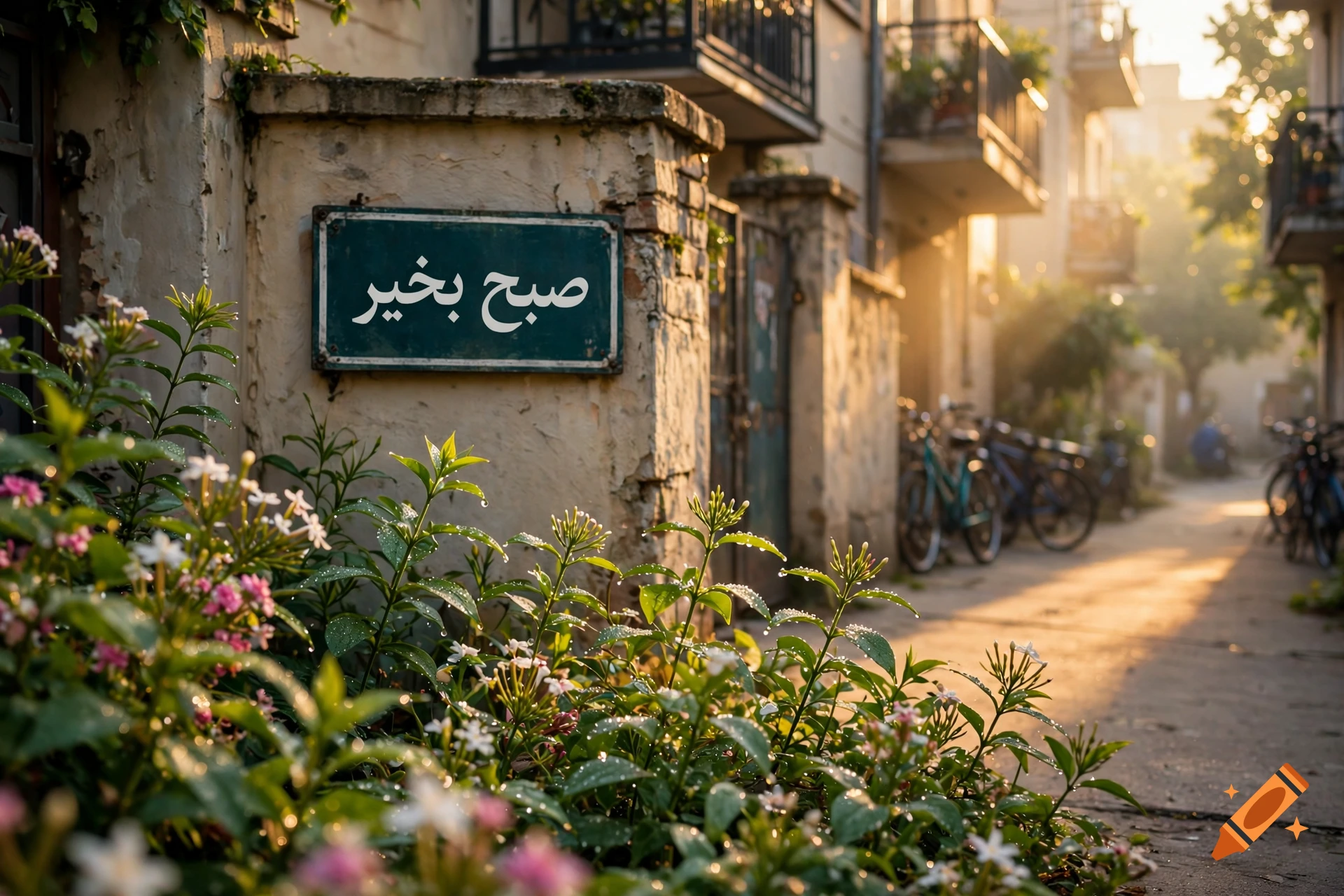 Photorealistic morning scene of a narrow alleyway with dew-covered white and pink flowers in the foreground and a sign in Urdu.