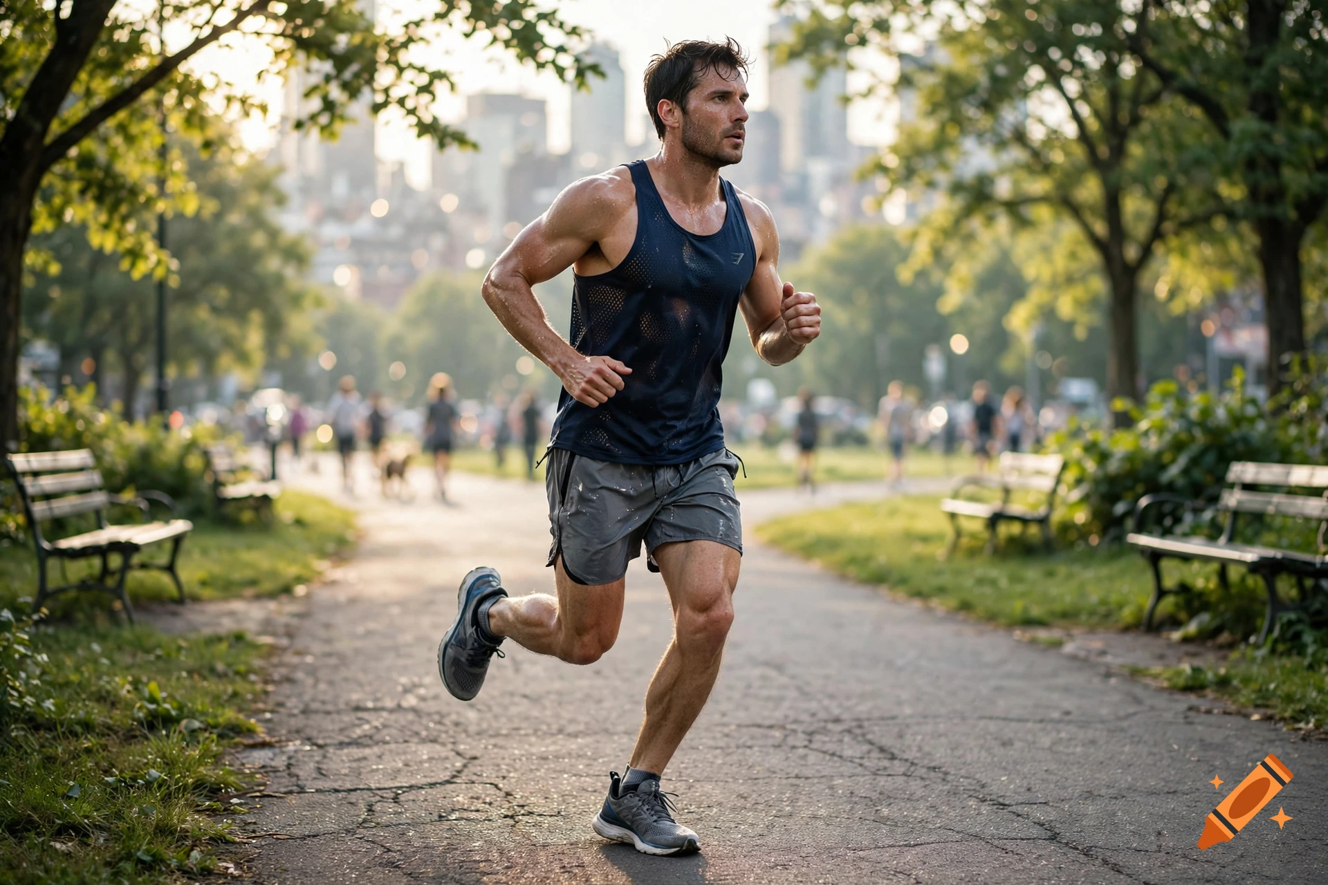 Photorealistic image of a fit man running along a paved path in a park with city buildings in the background.