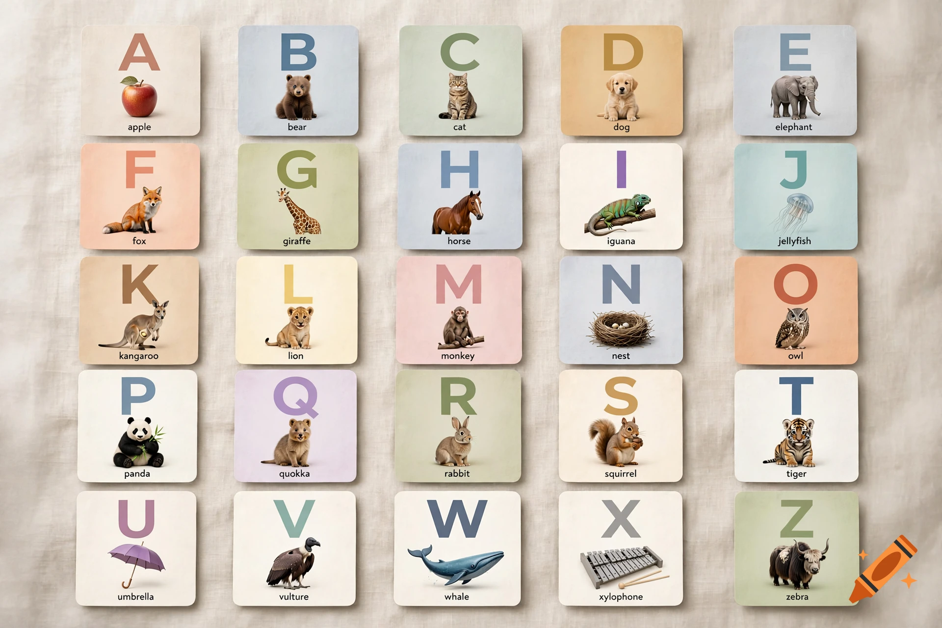 An alphabet wall chart featuring uppercase letters from A to Z paired with corresponding animal and object illustrations.