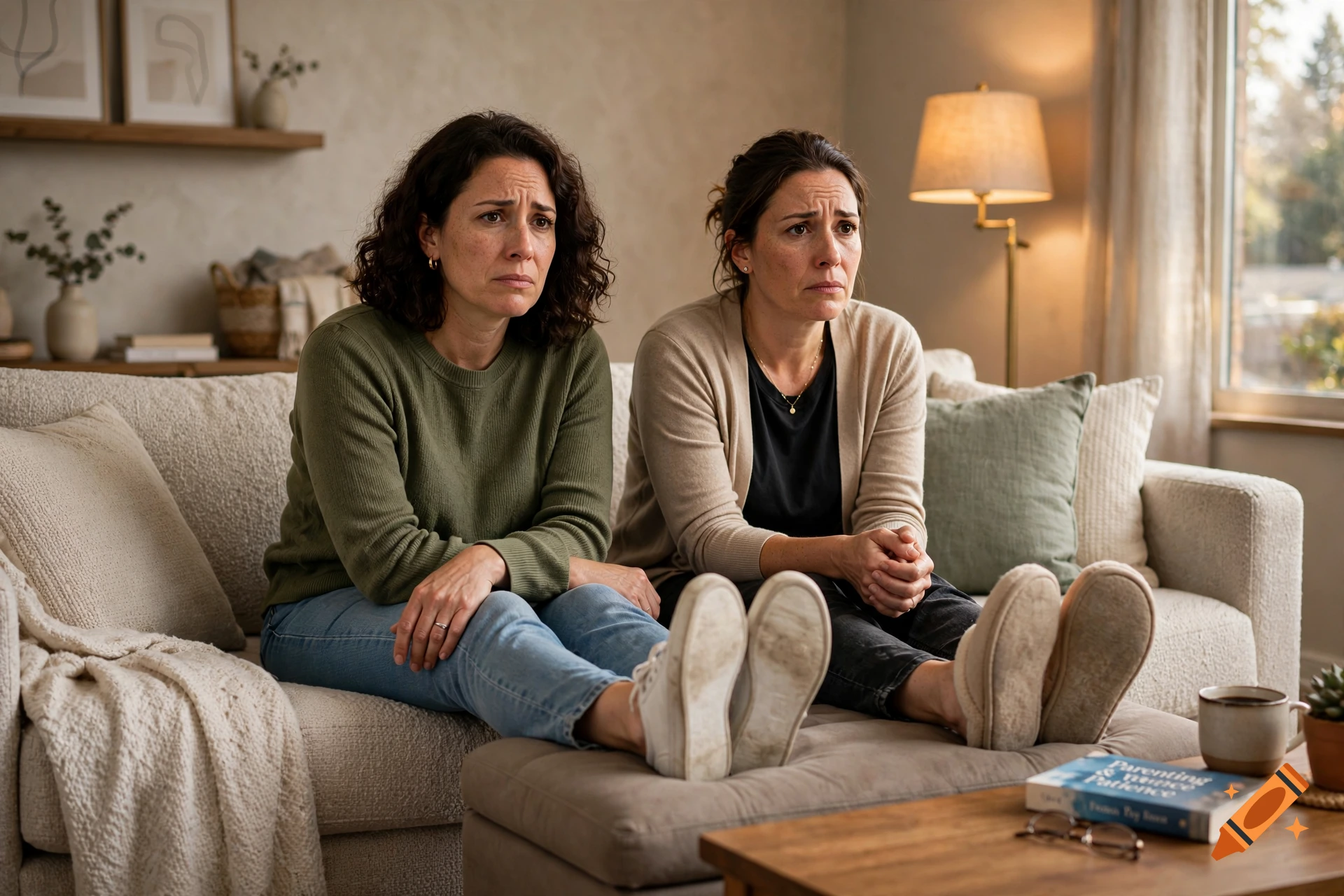 Photorealistic image of two women sitting on a beige sofa, looking uncomfortable with their feet propped up on an ottoman.