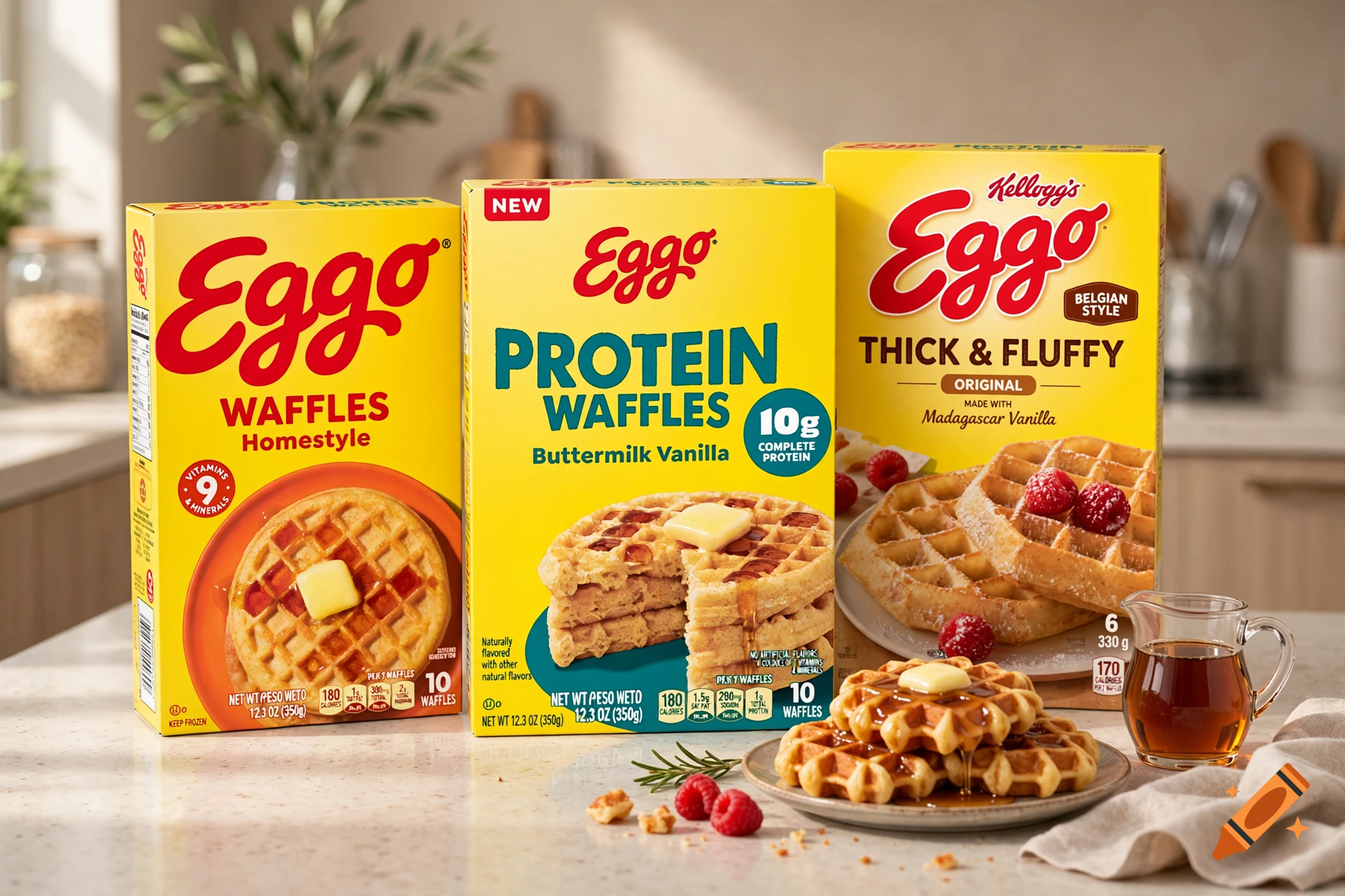 Three boxes of Eggo waffles on a kitchen counter next to a plate of cooked waffles and syrup.