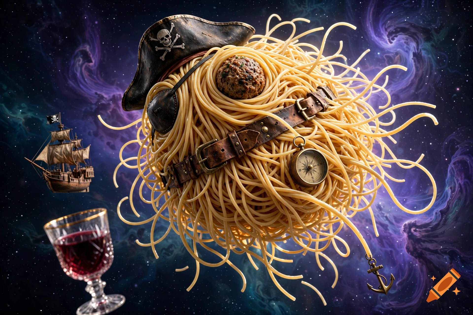 Photorealistic space scene featuring the Flying Spaghetti Monster wearing a pirate hat, eyepatch, and belt, floating near a nebula.