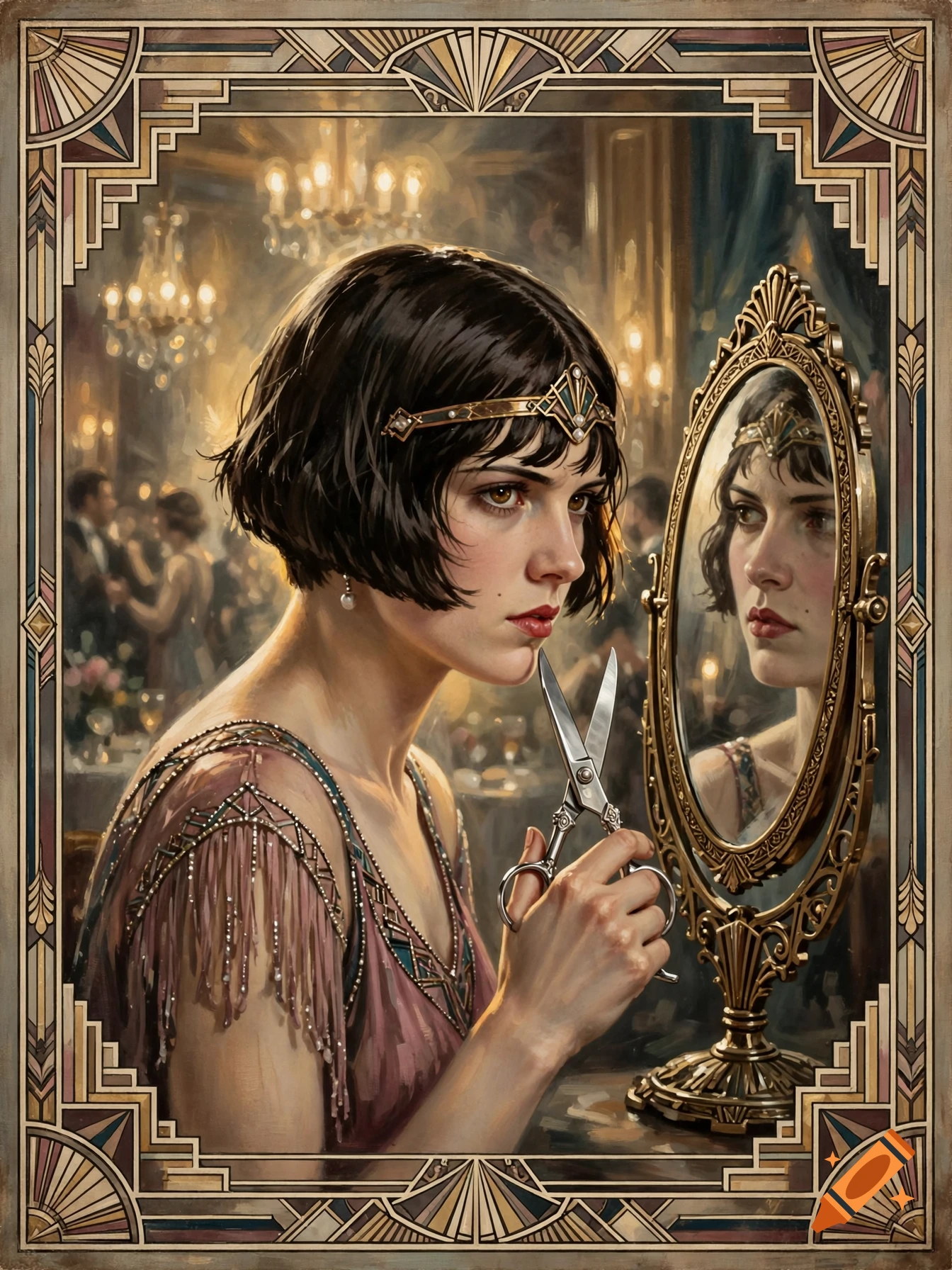 Vintage Art Deco oil painting illustration of a 1920s flapper woman looking into a vanity mirror while cutting her hair.