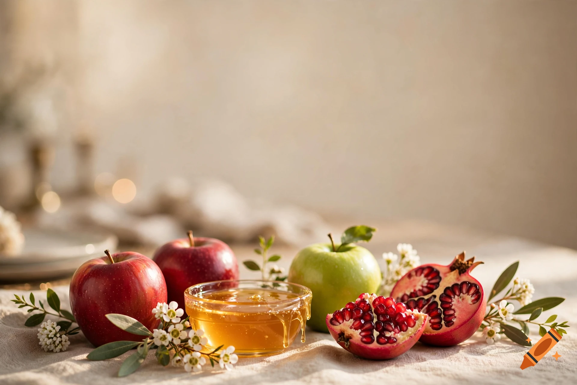 Apples, honey in a glass bowl, and pomegranate halves arranged on a linen cloth with small white flowers for Rosh Hashanah.