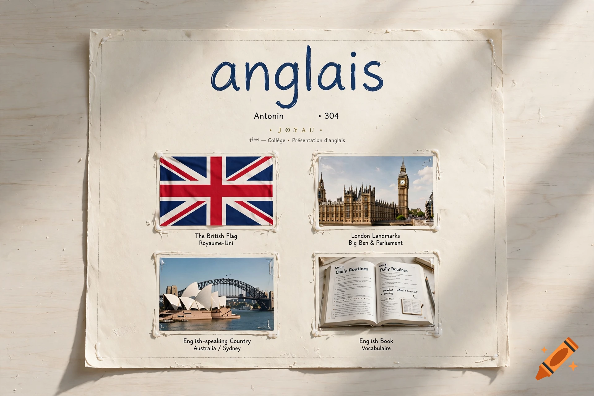 An English presentation school poster with the title 'anglais', student details, and four collage pictures including the British flag, London landmarks, Sydney Opera House, and an open notebook.