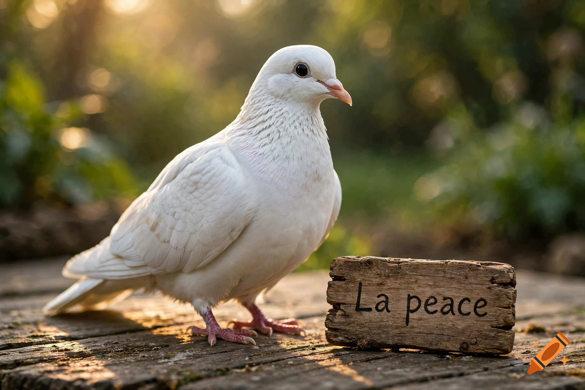 Photorealistic white dove standing on a wooden surface next to a small wooden sign that reads La peace.