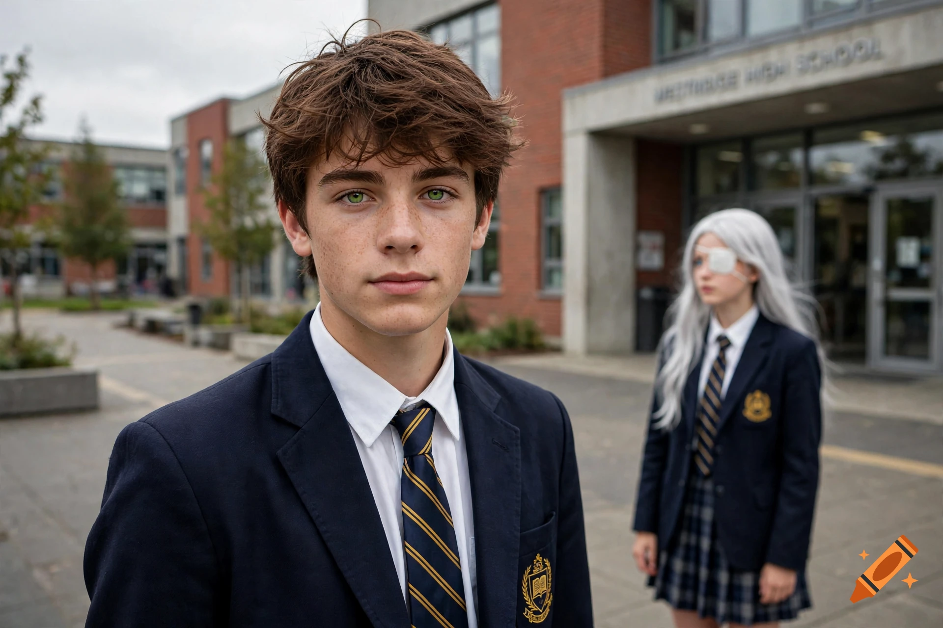 Photorealistic medium shot of a teenage boy with green eyes and brown hair in a school uniform, with a girl with an eyepatch in the background outside a school building.